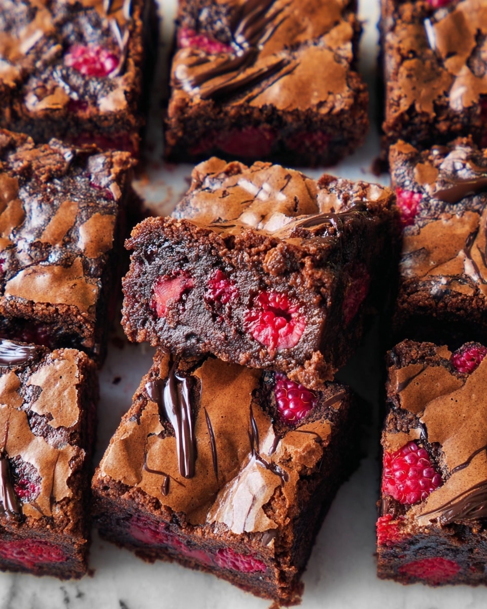 A close-up of a single thick brownie square with a cracked, shiny, light brown crust on top showing gooey, dark chocolate and red berry bits inside, resting on a white marbled surface with a bright red raspberry in front, surrounded by more blurred brownie pieces in the background. The brownie looks rich and dense with a mix of moist and slightly crumbly textures. Photo taken with an iphone --ar 4:5 --v 7