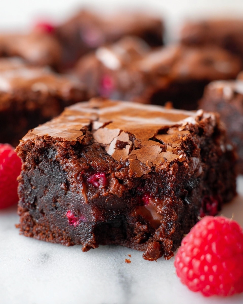 The image shows a close-up view of several square pieces of chocolate brownies arranged closely on a white marbled surface. Each brownie has a cracked, shiny brown top layer with dark swirls of melted chocolate across it. Inside the brownies, dark chocolate layers are visible mixed with bright red raspberry pieces. The texture appears moist and dense with rippled chocolate patterns and small raspberry seeds scattered within. The brownies are cut evenly, showcasing the rich, layered combination of chocolate and fruit in each piece. Photo taken with an iphone --ar 4:5 --v 7