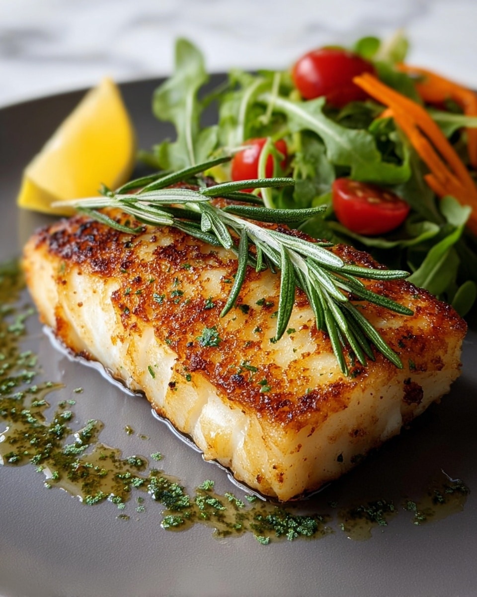 Inside a white square baking dish, there are four pieces of white fish fillets, each topped with a thin, round slice of yellow lemon and sprinkled with green herbs and black pepper. The fish sits in a shallow pool of golden olive oil mixed with herbs, and fresh green herbs like parsley and dill are scattered around and on top of the fish. A spatula with a wooden handle is lifting one piece of fish. Around the dish, there is a white marbled texture surface with torn pieces of bread on a white plate, a small white bowl filled with chopped green herbs, and a wooden bowl of lemon wedges. A beige cloth with black stripes is placed at the bottom left corner. Photo taken with an iphone --ar 4:5 --v 7