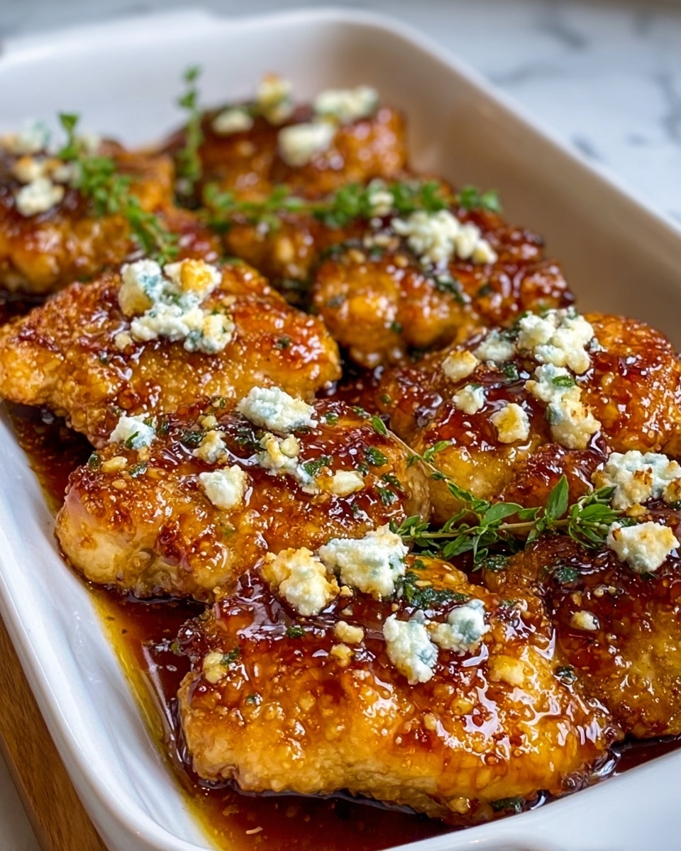 The image shows pieces of grilled chicken breast arranged closely on a white plate, each piece covered with a shiny, golden brown glaze that has visible specks of black pepper and herbs. Crumbled white cheese is sprinkled over the chicken, adding a textured contrast to the smooth glaze. Fresh parsley leaves are placed on and around the chicken, adding bright green color. The plate rests on a white marbled surface, and the overall look is juicy and richly seasoned with a mix of herbs and sauce. Photo taken with an iphone --ar 4:5 --v 7