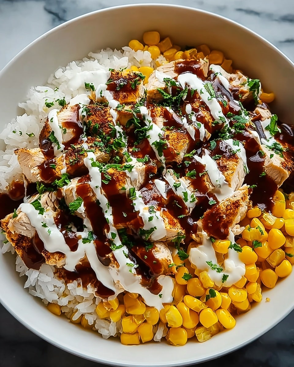 A white bowl sits on a white marbled surface, filled with three main layers. The bottom layer is white cooked rice with a fluffy texture. On top of the rice, there are pieces of grilled chicken, browned and seasoned, cut into bite-sized chunks spread over the rice. To one side of the chicken is a bright yellow layer of cooked corn kernels. The chicken is topped with two sauces: a dark brown barbecue sauce drizzled unevenly and a white creamy sauce with green chopped herbs sprinkled on it. photo taken with an iphone --ar 4:5 --v 7