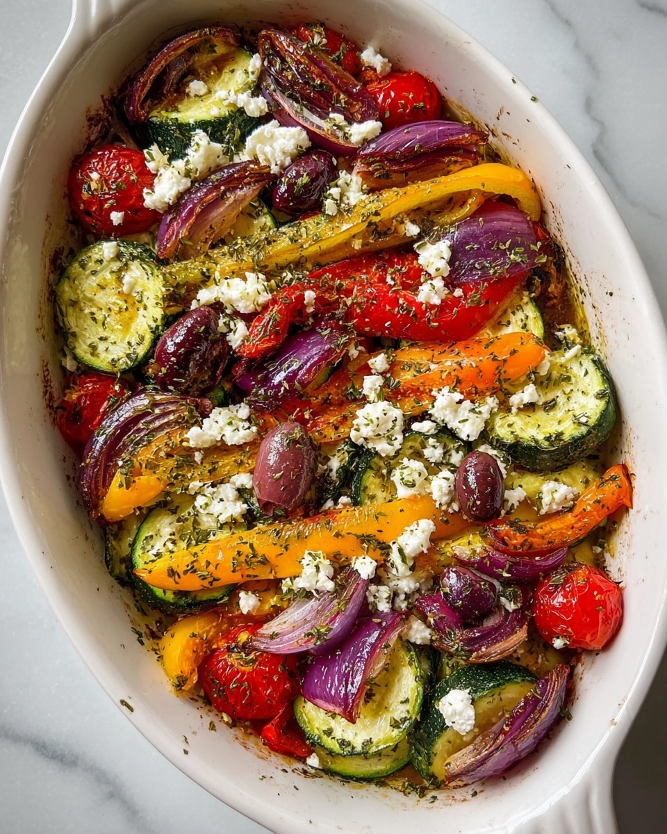 The dish is served on a white plate and has several layers of roasted vegetables and cheese. The bottom layer consists of grilled zucchini slices with green skin and light brown grill marks, laid flat across the plate. On top of that are bright red bell pepper strips and chunks of roasted red tomatoes. Scattered throughout are thin slices of purple-red onion adding color and texture. Dark purple Kalamata olives are placed around the dish. White crumbled cheese, likely feta, is sprinkled over all the vegetables. The plate rests on a wooden surface with some scattered peppercorns and fresh herbs blurred in the background. photo taken with an iphone --ar 4:5 --v 7
