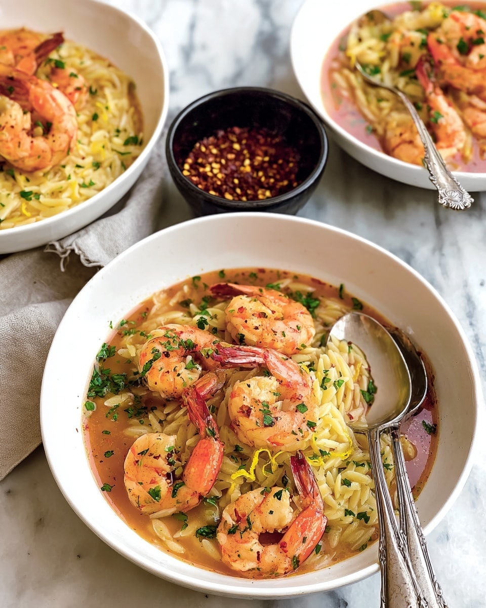 A white bowl filled with a bed of light yellow orzo pasta soaked in a rich, brownish sauce. On top, there are several cooked shrimp, orange-pink in color with a slightly crispy texture, covered with bits of green chopped herbs and bright yellow lemon zest. The shrimp layer sits neatly over the orzo, and a shiny fork rests inside the bowl on the right side. The bowl is placed on a white marbled surface. photo taken with an iphone --ar 4:5 --v 7