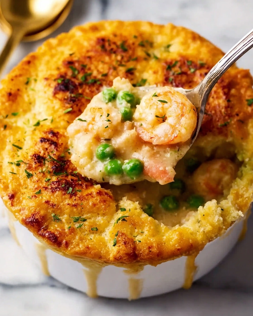 A round white baking dish filled with a golden-brown baked casserole, showing a bubbly, slightly crispy top layer with some green herbs mixed in. A woman’s hand is holding a wooden spoon scooping a creamy, orange and cheesy middle layer that contains chunks of vegetables or meat. Two smaller white dishes with similar casseroles and fresh herbs around them are placed on a white marbled surface. The overall look is warm and inviting with soft lighting. photo taken with an iphone --ar 4:5 --v 7