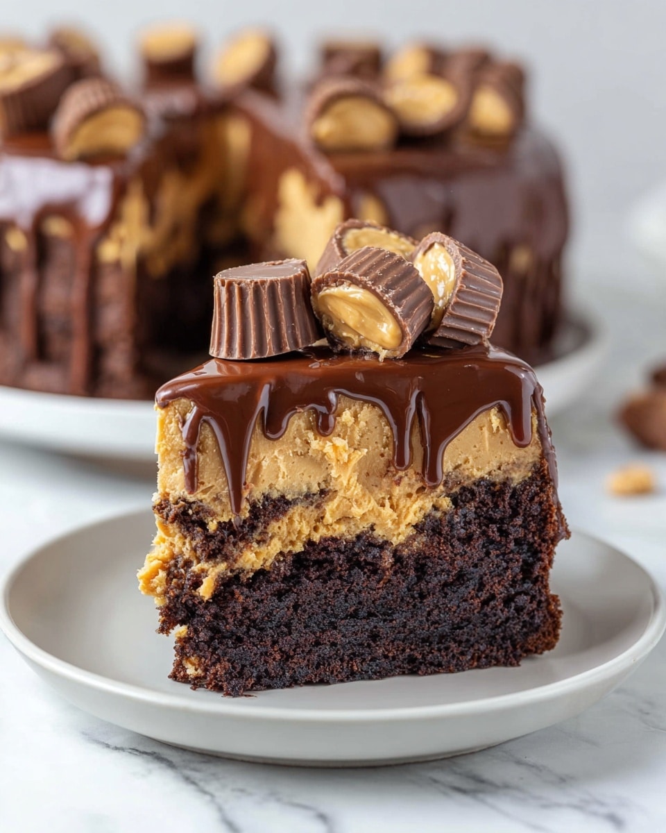 A slice of rich cake is shown on a white plate with a white marbled surface in the background. The cake has two thick visible layers: the bottom layer is dark, moist chocolate cake, while the middle layer is creamy peanut butter with a slightly crumbly texture. The top is covered with shiny chocolate ganache that drips down the sides. On top of the ganache, there are several halved peanut butter cups arranged loosely, showing their peanut butter centers. The full cake is blurred in the background, matching the slice in style and toppings. photo taken with an iphone --ar 4:5 --v 7