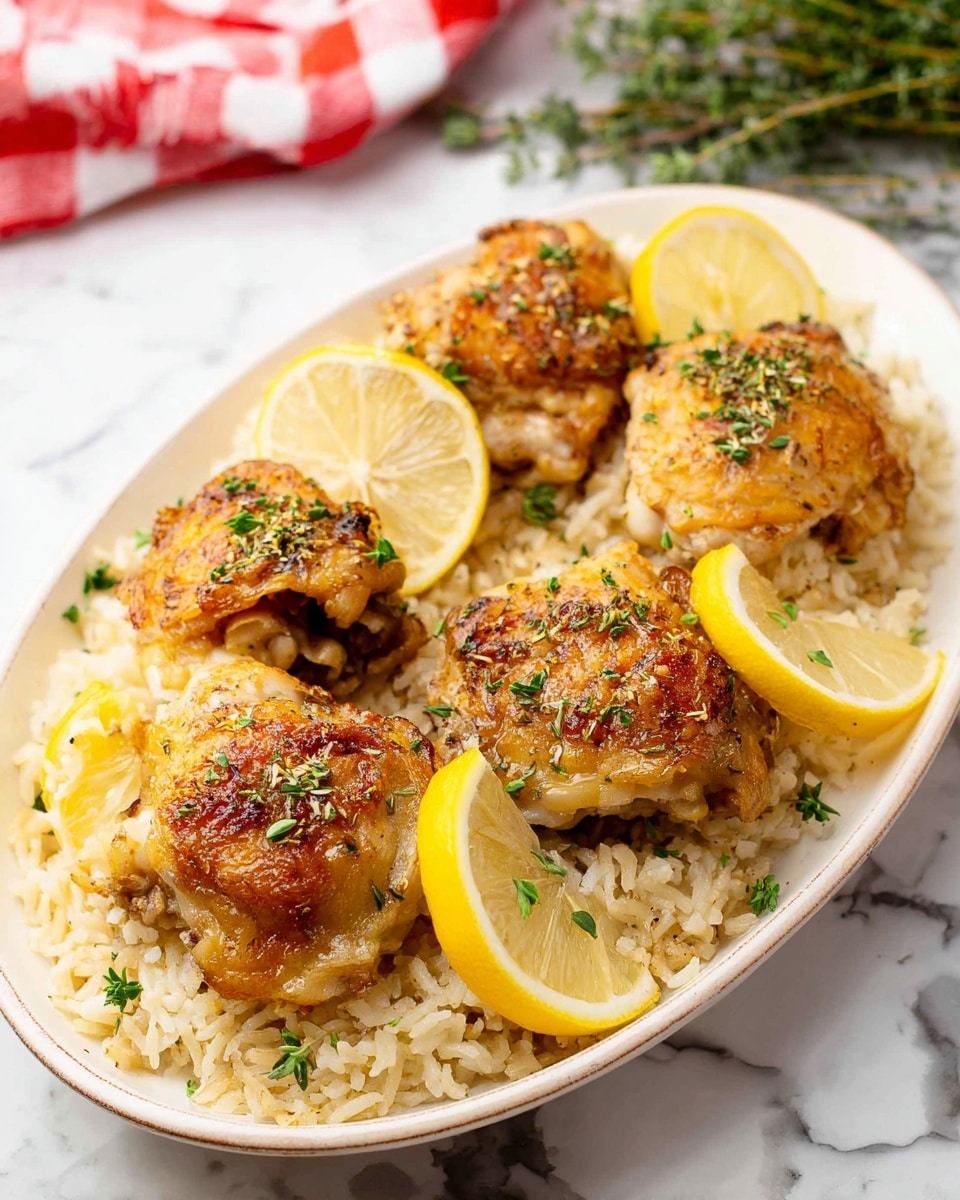 The image shows a skillet filled with five pieces of golden-brown chicken thighs in a creamy yellow sauce. The chicken has a crispy, slightly charred texture on the skin with black pepper specks. Fresh green thyme sprigs lay on top of the chicken, adding touch of color. The creamy sauce is rich and smooth, covering the bottom of the pan and partly the chicken. A silver utensil is resting on the right side, partially in the sauce near one chicken piece. The pan is sitting on a white marbled surface. photo taken with an iphone --ar 4:5 --v 7