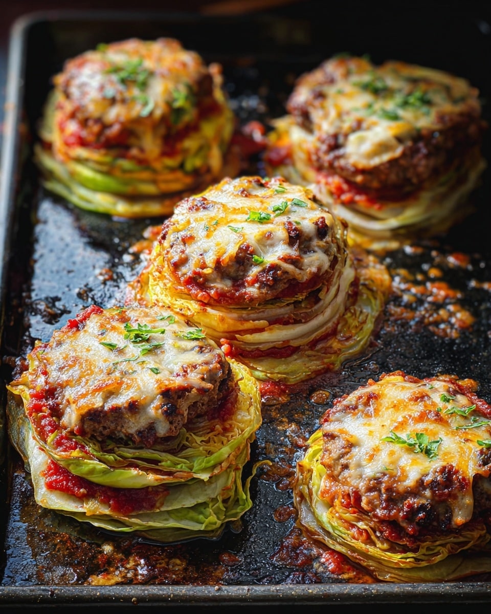 A white plate holds a layered dish with three main visible layers. The bottom layer is pale green, made of cooked cabbage leaves that look soft and slightly wilted, shaped in a circular form. Above this is a thick layer of rich red tomato sauce, smooth in texture and spread evenly. The top layer is a browned meat patty, covered with melted cheese that has browned spots and small bits of herbs, giving it a glossy finish. A small green parsley leaf decorates the center of the meat patty. Some of the sauce has spread around the plate, creating a slightly messy look. Next to the plate, a fork and knife rest on the edge, partially touching the food, and a glass of red liquid sits nearby on a white marbled surface. photo taken with an iphone --ar 4:5 --v 7