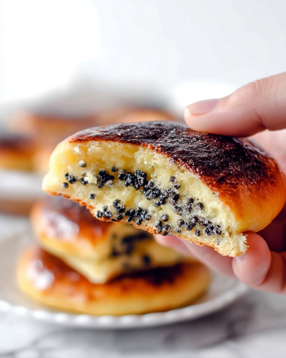 The image shows a stack of three thick, golden brown pancakes with small dark spots of chocolate chips inside each pancake layer. The pancakes are placed on a simple white plate and the edges look soft and slightly crispy. The background is a clean white marbled surface with a soft, blurred view of eggs in the back. The lighting is natural and bright, making the pancakes look warm and fresh. photo taken with an iphone --ar 4:5 --v 7