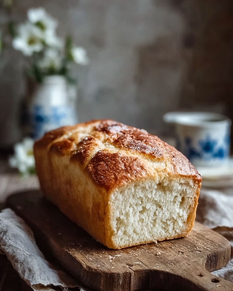 The image shows a freshly baked loaf of bread resting on a wooden board. The bread has a golden-brown crust on top that is slightly shiny and textured with a few small cracks. The sides of the loaf are evenly browned, while the inside is soft and light with a pale cream color and a fine, airy texture. The background shows a blurred white marbled surface with a few small white flowers and a white cup with blue patterns. photo taken with an iphone --ar 4:5 --v 7