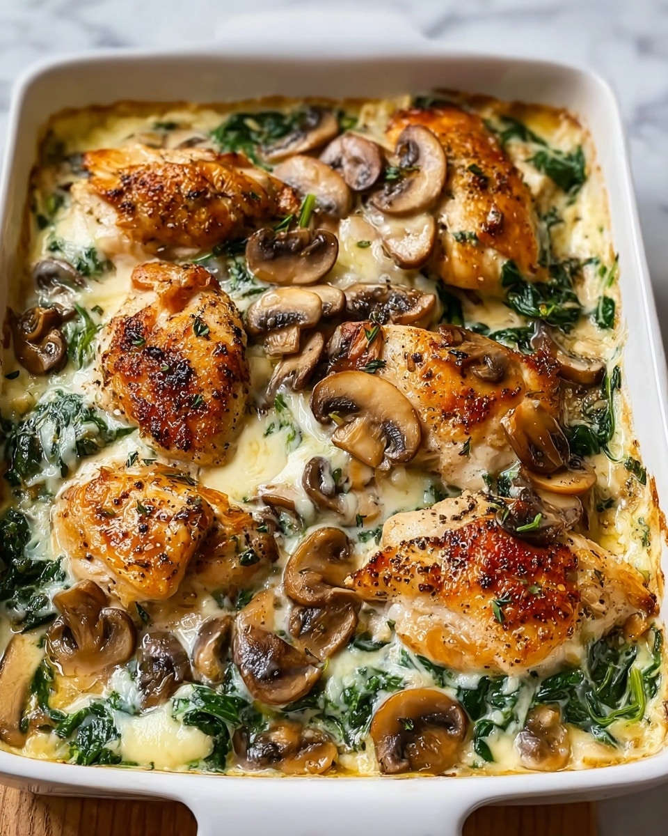 The image shows a white pan filled with three cooked chicken thighs that have crispy, golden-brown skin with some black pepper seasoning on top. The chicken pieces are placed on a bed of bright green sautéed spinach, which looks soft and fresh. Around the chicken, there are sliced mushrooms that are light brown and tender, blending into the creamy light beige sauce that covers the bottom of the pan. The scene is set on a white marbled surface. photo taken with an iphone --ar 4:5 --v 7