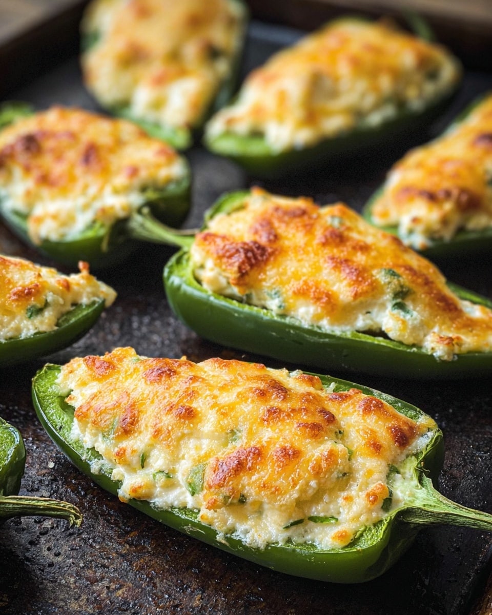 The image shows several green jalapeño peppers cut in half and filled with a creamy, white cheese mixture that is slightly textured with small green herb pieces inside. Each pepper half is topped with a golden-brown melted cheese layer that is bubbly and slightly crispy on top. The stuffed jalapeños are arranged closely on a dark, rough-textured cooking tray, giving a baked and fresh appearance. photo taken with an iphone --ar 4:5 --v 7