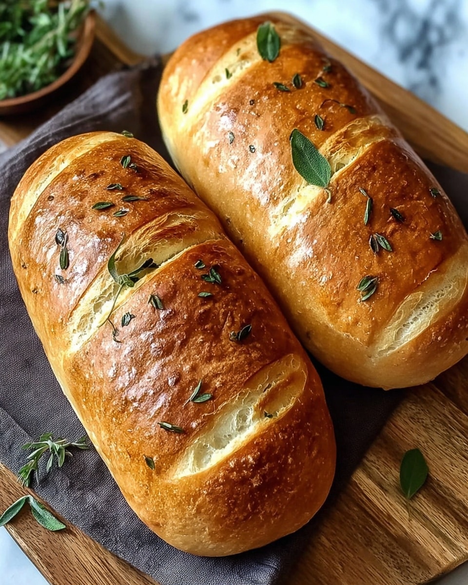 Two golden-brown loaves of bread rest side by side on a dark cloth atop a wooden board. Each loaf has a smooth, shiny crust with light burns and several shallow cuts showing the soft white bread inside. Fresh green herb leaves are scattered on top, adding color and texture contrast. The background is a white marbled surface. photo taken with an iphone --ar 4:5 --v 7