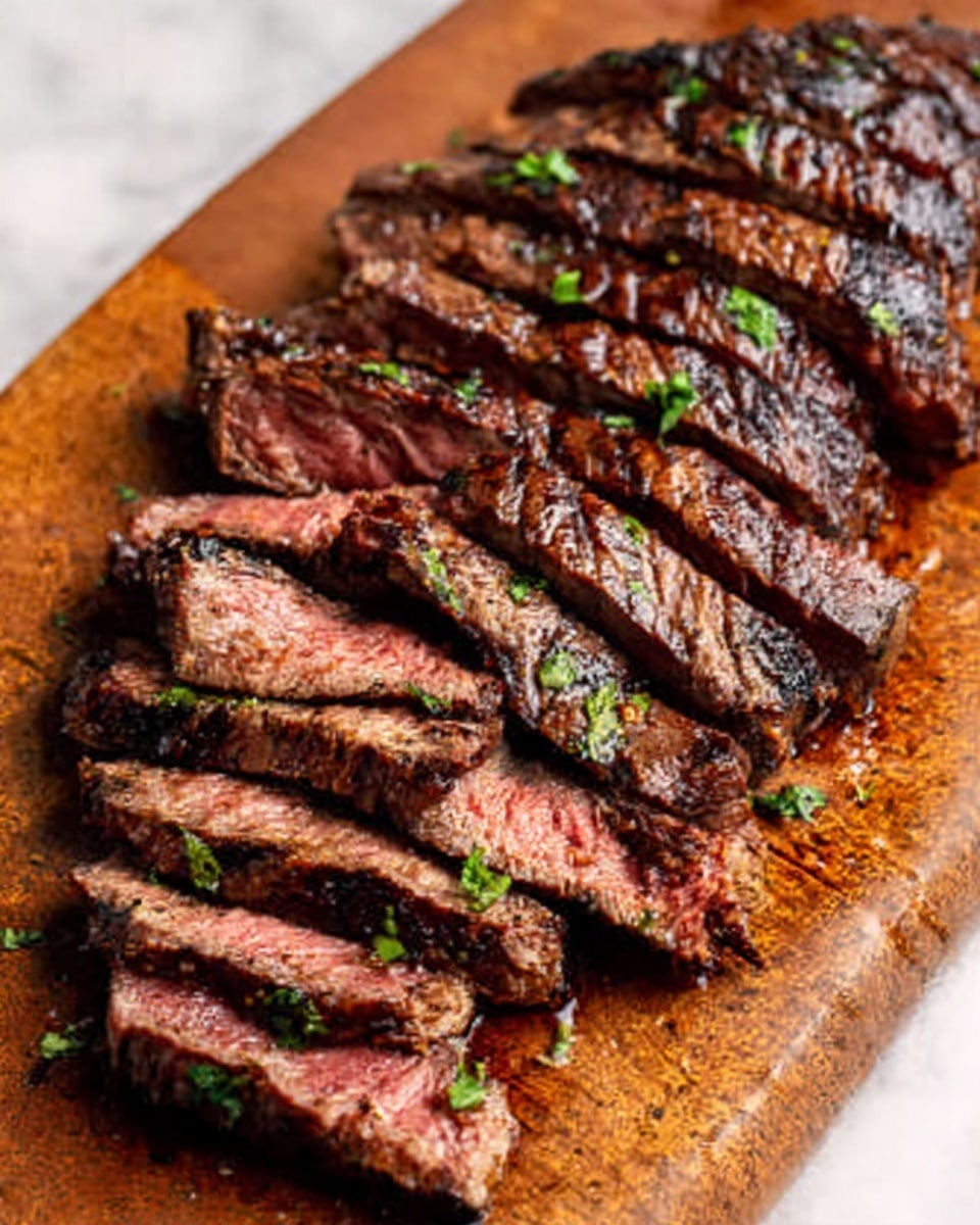 The image shows a juicy sliced steak arranged in a neat row on a wooden cutting board over a white marbled surface. The steak is medium-rare with a pink center and a browned, slightly crispy outer layer, marked with grill lines. Scattered small green herb pieces add a touch of color on and around the meat. The texture of the steak looks tender and moist with a slight shine from the juices. Photo taken with an iphone --ar 4:5 --v 7