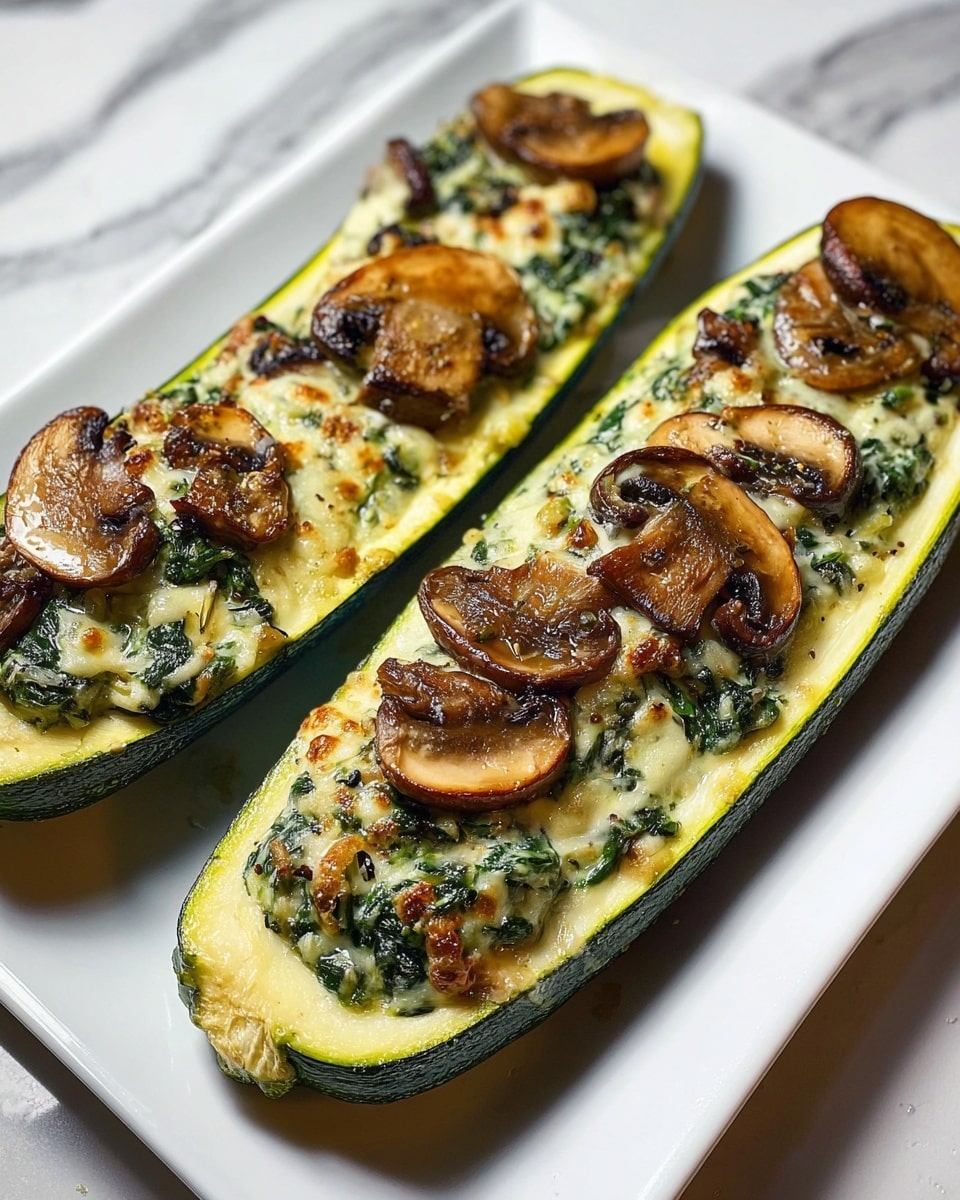 Two zucchini halves are hollowed out and filled with layers of creamy cheese and cooked spinach, topped with sliced, cooked mushrooms that are golden brown and slightly shiny. The zucchini skin is dark green with a soft yellow inside edge, and the filling looks smooth with small bits of green spinach evenly mixed. The two stuffed zucchini boats are placed side by side on a white rectangular plate, which rests on a white marbled surface. The photo taken with an iphone --ar 4:5 --v 7