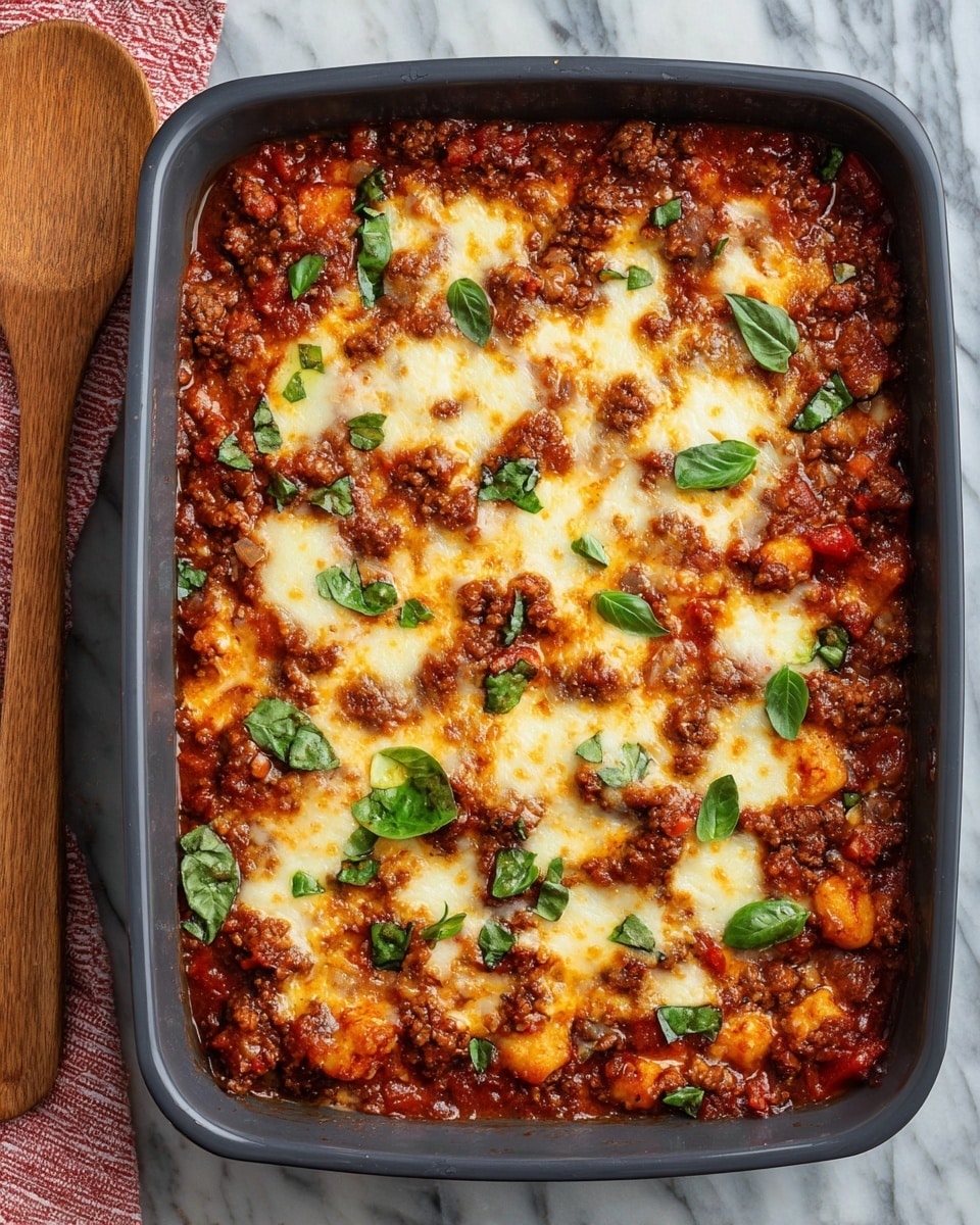 A white plate with a serving of baked gnocchi covered in a rich, brown meat sauce. The gnocchi are soft and rounded with a golden-brown crust on top, mixed with visible chunks of browned ground meat and small pieces of vegetables like onions and herbs. The sauce looks thick and slightly oily, coating each gnocchi piece well. A silver fork rests on the edge of the plate. The background shows a white marbled surface with a casserole dish full of the same baked gnocchi in the distance, slightly blurred. The scene is naturally lit, showing the warm colors of the food. Photo taken with an iphone --ar 4:5 --v 7