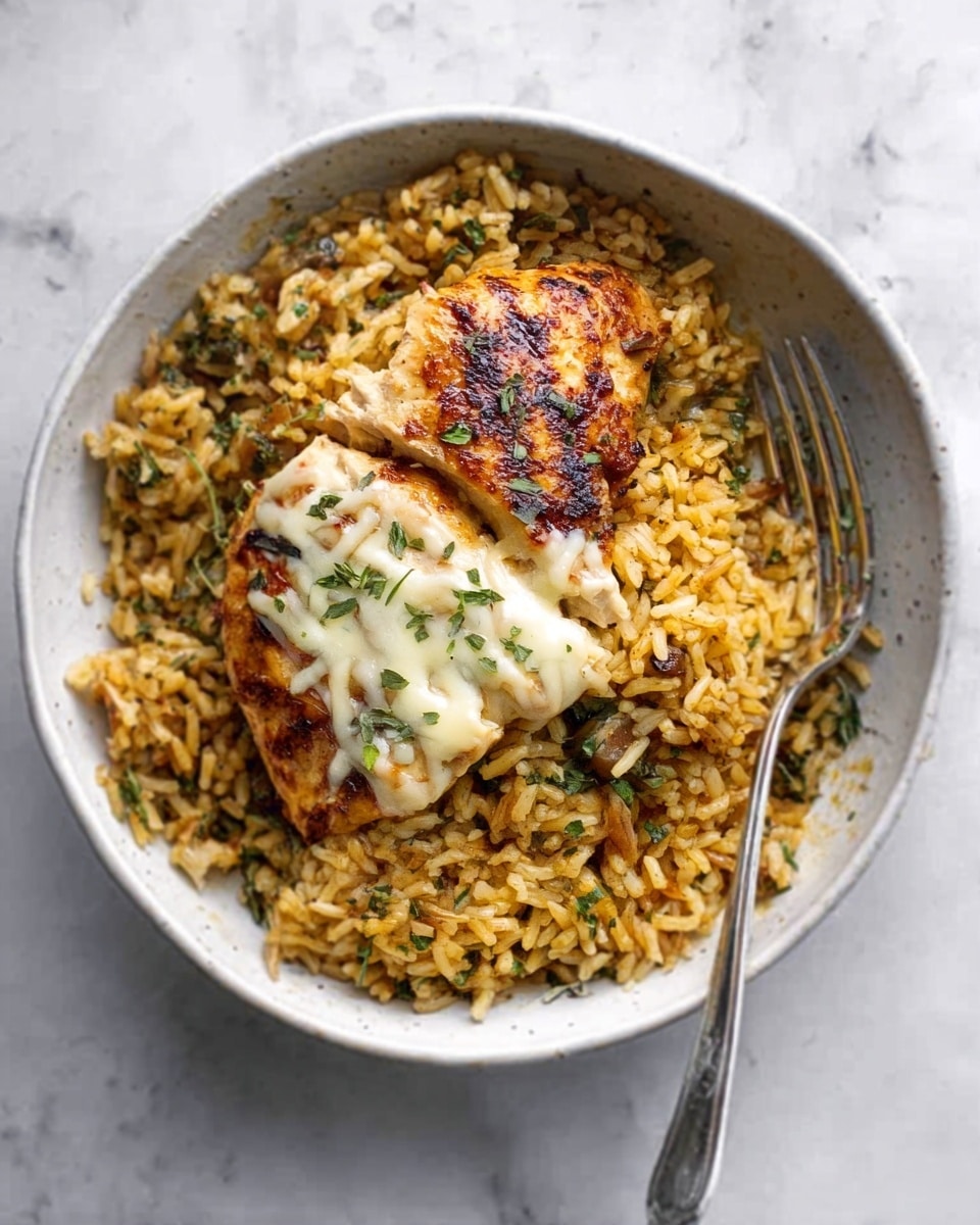 The image shows a white bowl filled with a bed of yellowish-brown rice mixed with herbs and small bits of vegetables. On top of the rice lies a piece of grilled chicken breast with visible grill marks, slightly browned and juicy in texture. The chicken is topped with a light layer of melted white cheese and small green herb sprinkles. A silver fork is resting on the right side inside the bowl with its handle leaning against the bowl's edge. The bowl is placed on a white marbled surface. photo taken with an iphone --ar 4:5 --v 7