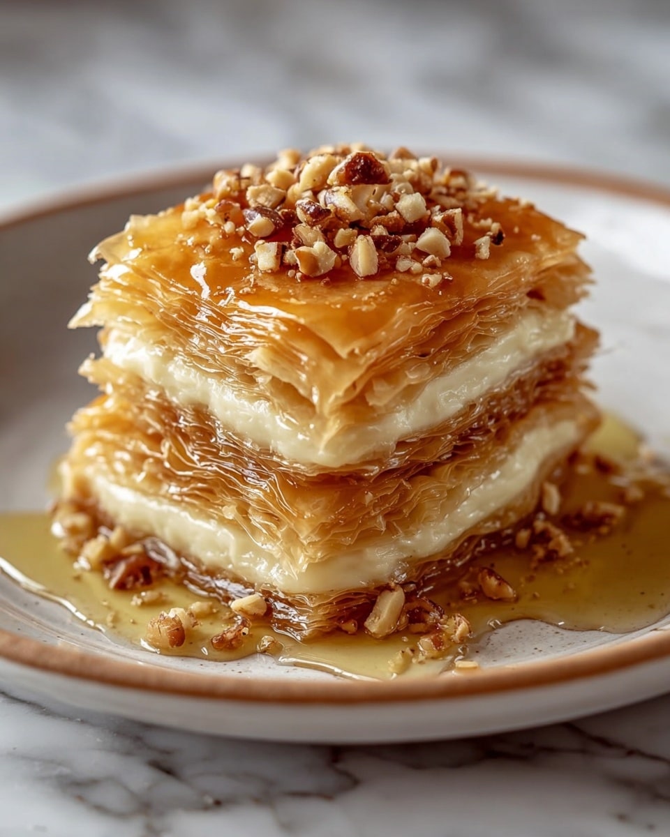A tall stack of three desserts is shown on a white marbled surface. The bottom two layers are round, golden-brown cookies with a slightly cracked texture, topped with a shiny caramel-like glaze that appears sticky and smooth. The top layer is a different dessert: it has a crisp, flaky brown base, a thick middle layer of creamy white filling, and a top layer covered in sticky caramel and chopped pecans, giving a rough texture with nut pieces. The caramel glistens and drips slightly down the sides. Photo taken with an iphone --ar 4:5 --v 7