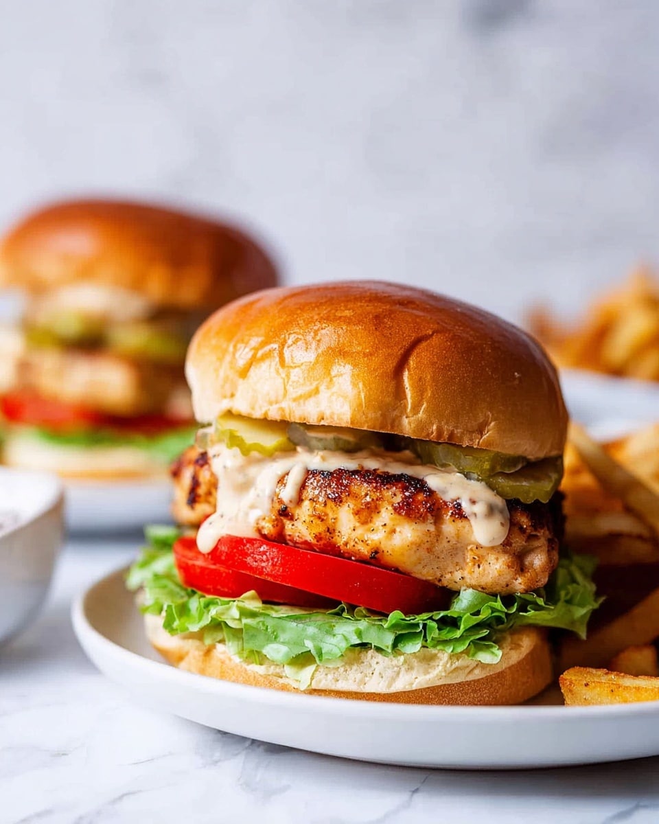 A close-up view of a sandwich shows three main layers inside a soft, shiny golden brown bun. The bottom layer has shredded, light-green lettuce spread unevenly with some pieces falling outside the sandwich. Above the lettuce is a crispy, breaded fried chicken patty with a rough, crunchy orange-brown coating. On top of the chicken, a light pink creamy sauce drips over the edge. The sandwich sits on a white plate, placed on a white marbled surface with a textured orange and white cloth nearby. In the background, slightly blurred, is a small bowl holding sliced red tomatoes and another bowl with more sauce. Photo taken with an iphone --ar 4:5 --v 7
