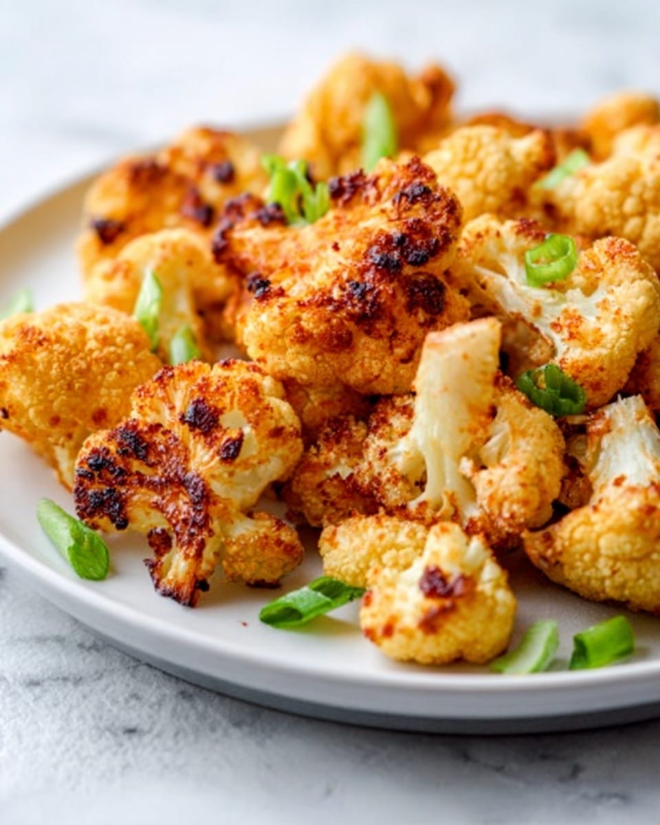 The image shows a close-up of roasted cauliflower pieces on a white plate, placed on a white marbled surface. The cauliflower is golden brown with slight char marks, giving it a crispy and textured look. The pieces are irregular in size, and small green onion slices are sprinkled on top, adding a pop of bright green color. The lighting highlights the roasted texture and colors well. Photo taken with an iphone --ar 4:5 --v 7