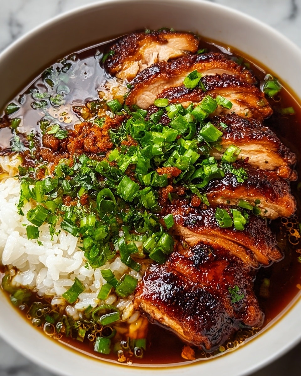 A white bowl filled with fluffy white rice on the left side, partially soaked in a clear orange broth with small green sliced scallions and sesame seeds scattered through the liquid. On the right side of the bowl, there are three layers of thick, grilled chicken slices with a shiny, dark brown glaze and charred edges, topped with drops of bright red chili sauce and more chopped green scallions. The broth has a light oily texture with hints of red chili oil floating on the surface. The bowl sits on a white marbled surface. photo taken with an iphone --ar 4:5 --v 7