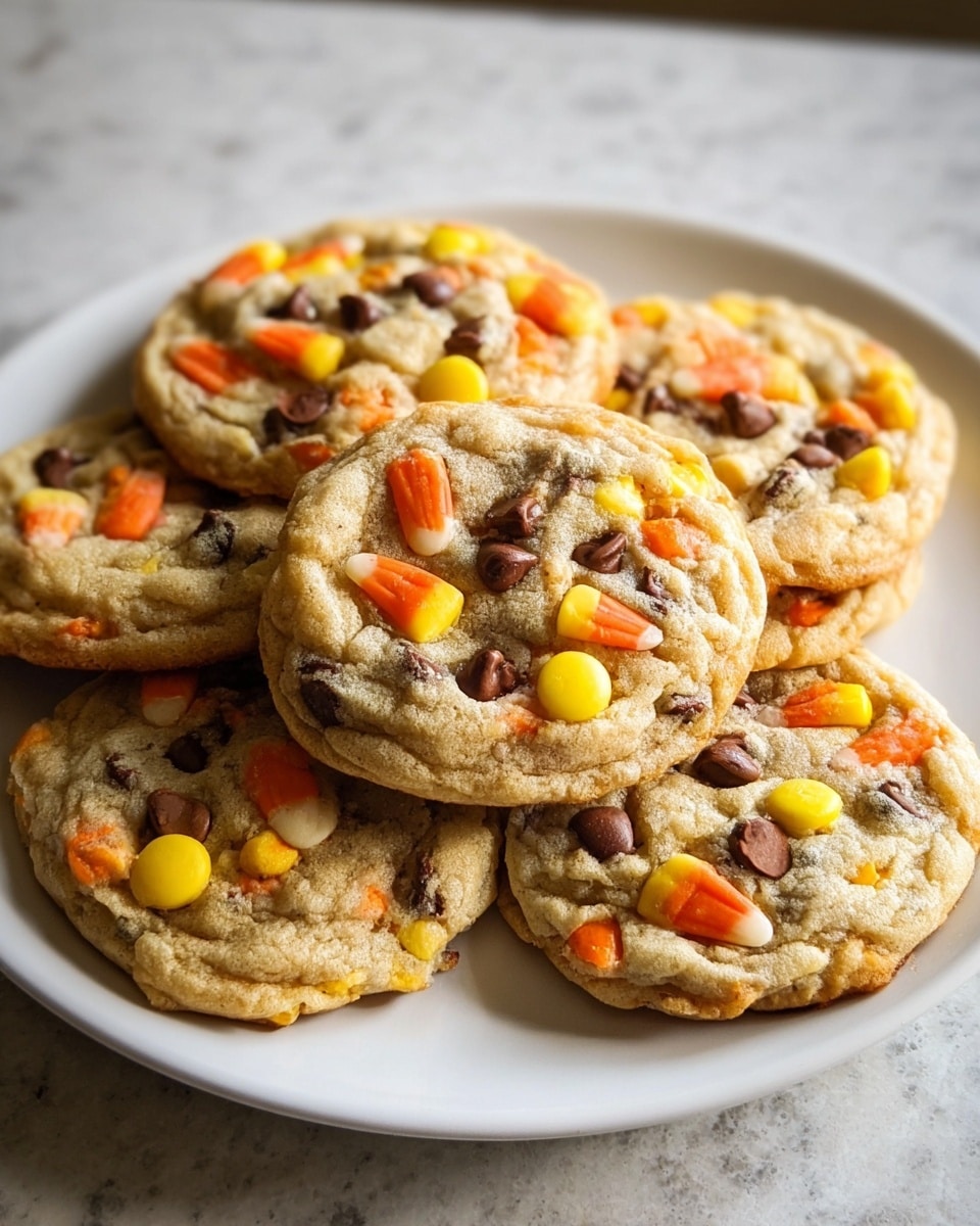 A white plate holds six cookies stacked in two layers, with three cookies on the top layer and three slightly visible on the bottom. Each cookie is golden brown with a soft, slightly crinkled texture, dotted with bright orange, yellow, and white candy corn pieces and dark brown chocolate chips mixed throughout. The cookies look thick and chewy with uneven edges, and the candy corn pieces add colorful pops of yellow and orange on the surface. The plate is placed on a white marbled surface, softly lit from one side creating gentle shadows beneath the cookies. Photo taken with an iphone --ar 4:5 --v 7