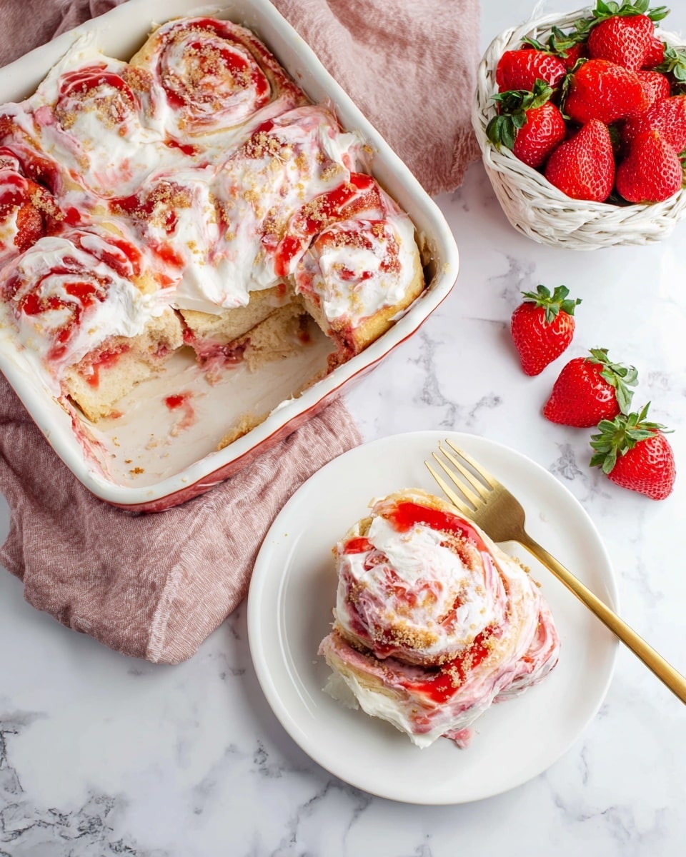 The image shows a white baking dish filled with about six large cinnamon rolls covered thickly with white cream frosting swirled with bright red strawberry sauce and sprinkled with light brown crumbs on top, giving a creamy and textured look. One cinnamon roll is cut out and placed on a plain white plate nearby, showing soft layers of golden dough with pink strawberry swirls inside, topped with the same white frosting and red sauce, and crumbs scattered on top. Next to the plate is a gold fork partly touching the roll. The background is a white marbled surface with a white basket of fresh red strawberries on the upper right side and two strawberries placed on the marble near the plate. A soft, wrinkled pink cloth is laid under the baking dish on the marble surface. photo taken with an iphone --ar 4:5 --v 7