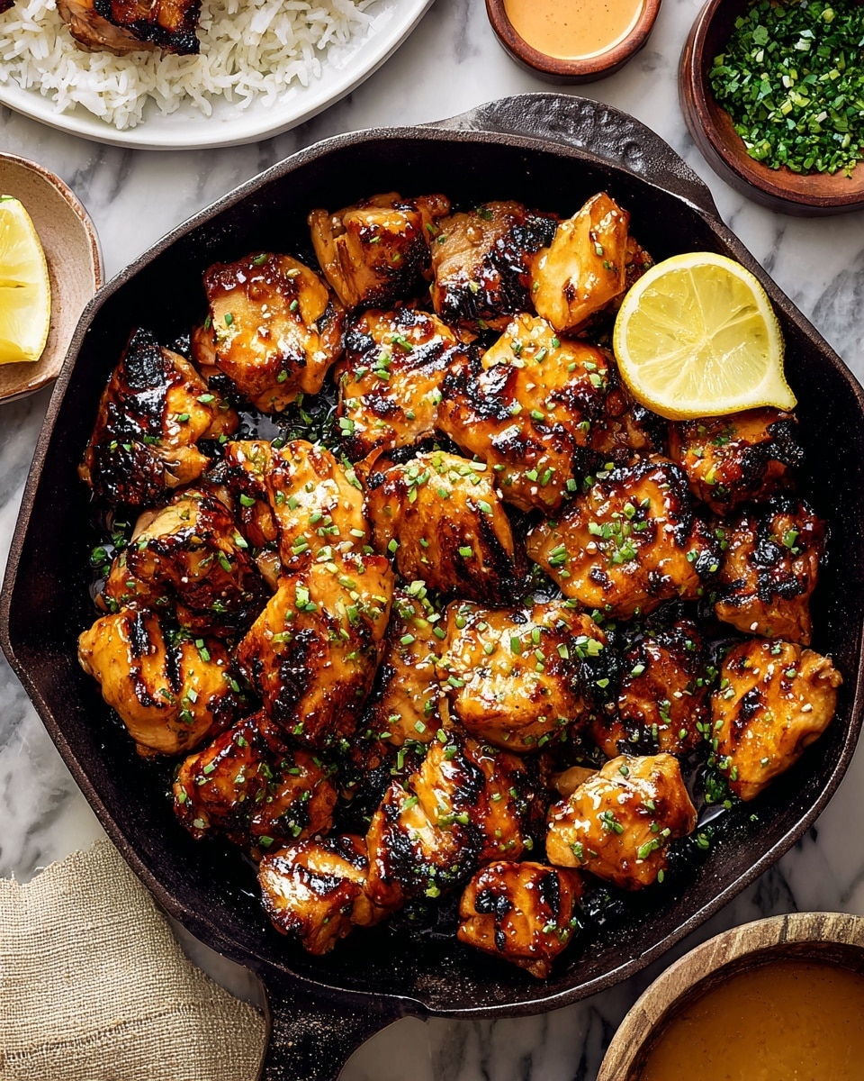 This image shows a black cast iron pan filled with many pieces of grilled chicken, all golden brown with some dark char marks, covered in a shiny glaze and sprinkled with finely chopped green herbs. Two lemon wedges rest on the upper right edge of the pan. Surrounding the pan are small bowls, one with chopped green herbs and one with a light orange sauce, both on a white marbled surface. In the top left corner, part of a white plate with plain white rice and grilled chicken pieces is visible, along with a bit of a beige cloth in the bottom left corner. photo taken with an iphone --ar 4:5 --v 7