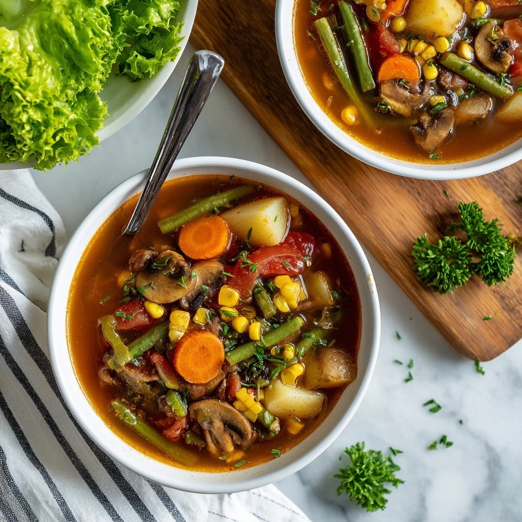 A close-up view of a white bowl filled with vegetable and beef soup, showing layers of brown broth, orange carrot slices, green beans, yellow corn, chopped tomatoes, white potato chunks, and sliced brown mushrooms, all sprinkled with small bits of green herbs on top. A silver spoon rests inside the bowl on the left side. Another bowl with the same soup is partially visible in the upper right corner, and a wooden cutting board with green leafy lettuce is seen in the upper left corner on a white marbled surface. Some scattered parsley leaves add extra green color around the bowl, and a folded white cloth with black stripes sits under the bowl on the left side. Photo taken with an iphone --ar 4:5 --v 7