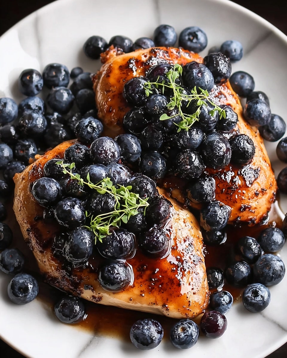 A white plate holds two pieces of golden-brown grilled chicken breasts with a slightly charred texture on top. The chicken is covered with a shiny dark glaze and is topped with a pile of glossy fresh blueberries, some of which spill onto the plate around the chicken. There are sprigs of fresh green herbs placed on top of the blueberries for decoration. The whole dish rests on a white marbled surface. photo taken with an iphone --ar 4:5 --v 7