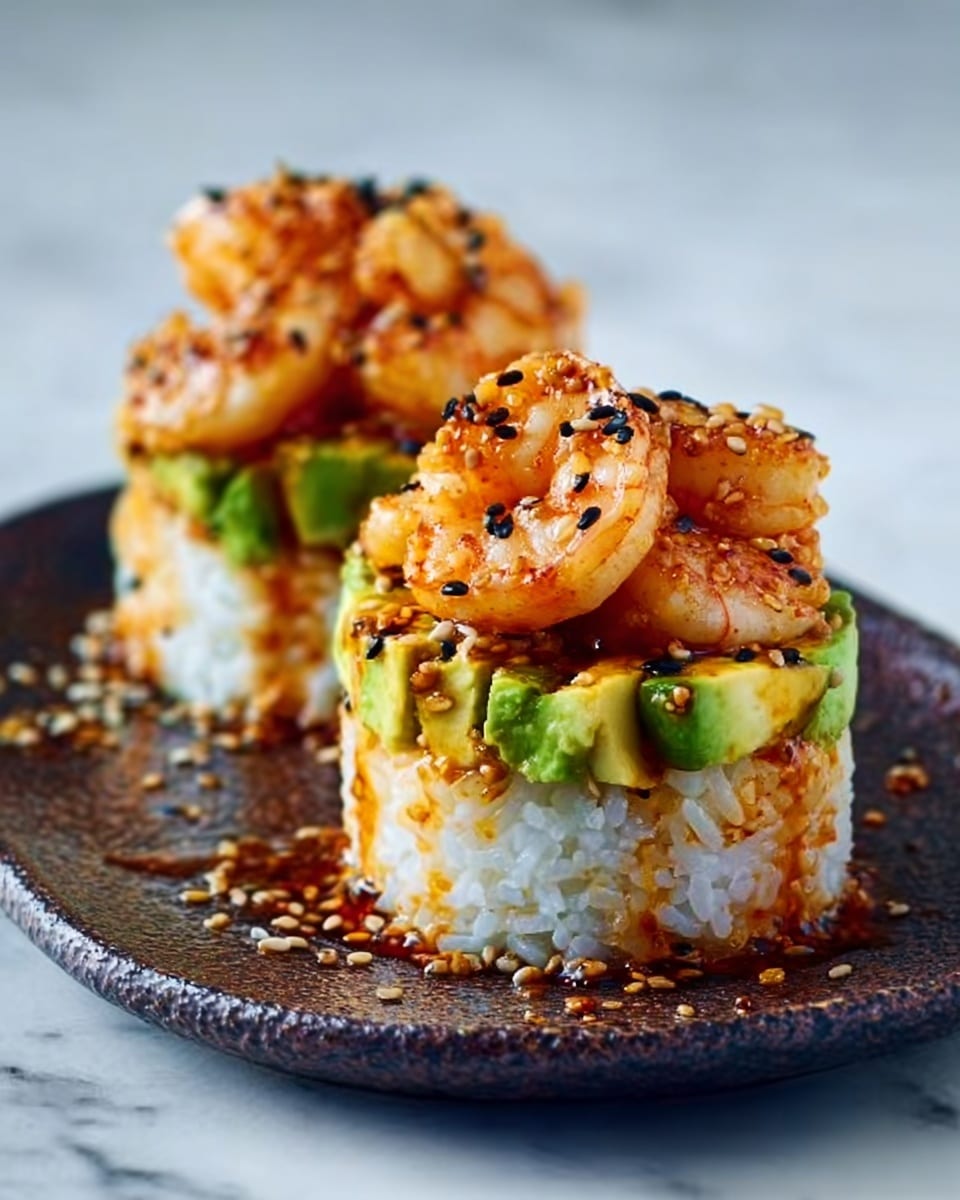 The image shows a close-up of a round sushi stack with three layers on a white marbled surface. The bottom layer is thick, glossy white rice. The middle layer is made of bright green avocado slices arranged around the rice. The top layer consists of three cooked shrimp, pink and slightly charred, sprinkled with white sesame seeds and bits of green herbs. A thin dark sauce drips lightly down the side from the top layer. The background is softly blurred, showing similar sushi stacks. photo taken with an iphone --ar 4:5 --v 7