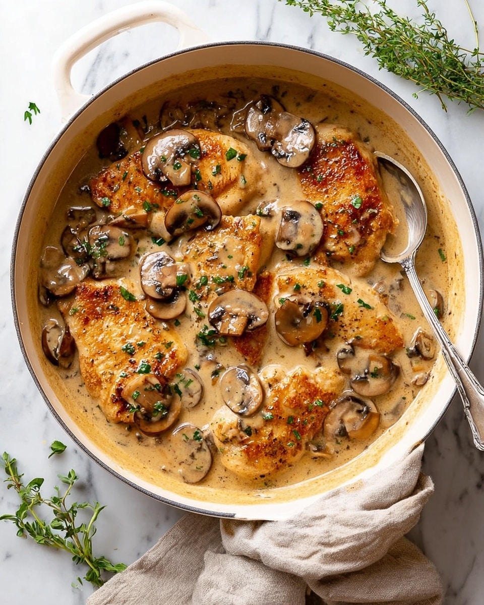 The image shows a close-up of a creamy mushroom sauce with browned chicken pieces in a white pot. The dish has about two layers: the bottom layer is golden-brown chicken with crispy edges, partially covered by the top layer, which is light beige, thick mushroom sauce with visible slices of browned mushrooms and small green herbs scattered on top. The sauce has a smooth, glossy texture that coats the chicken and mushrooms evenly, and the pot’s white inside contrasts with the warm colors of the food, all set against a white marbled surface. Photo taken with an iphone --ar 4:5 --v 7