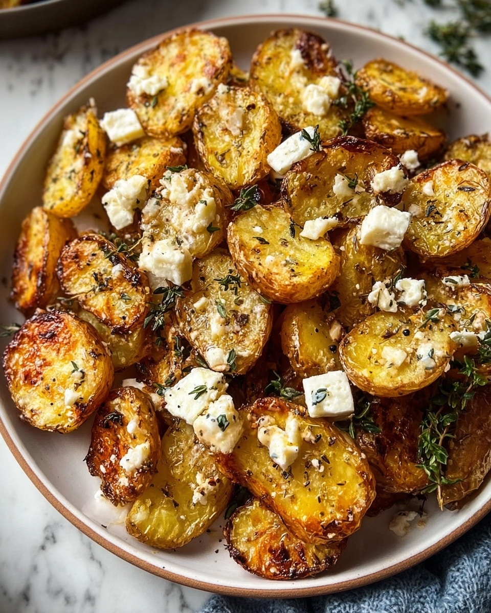 A white plate filled with roasted potato halves, each piece showing a golden-brown crispy edge and a soft, yellow inside. Scattered on top are small white cubes and crumbles of cheese, some slightly browned from roasting, mixed with fresh green thyme sprigs. The potatoes look seasoned with visible specks of black pepper and herbs, creating a textured, rustic appearance. The plate sits on a white marbled surface, with a blurred background that includes a woman's gloved hand reaching into the frame. photo taken with an iphone --ar 4:5 --v 7