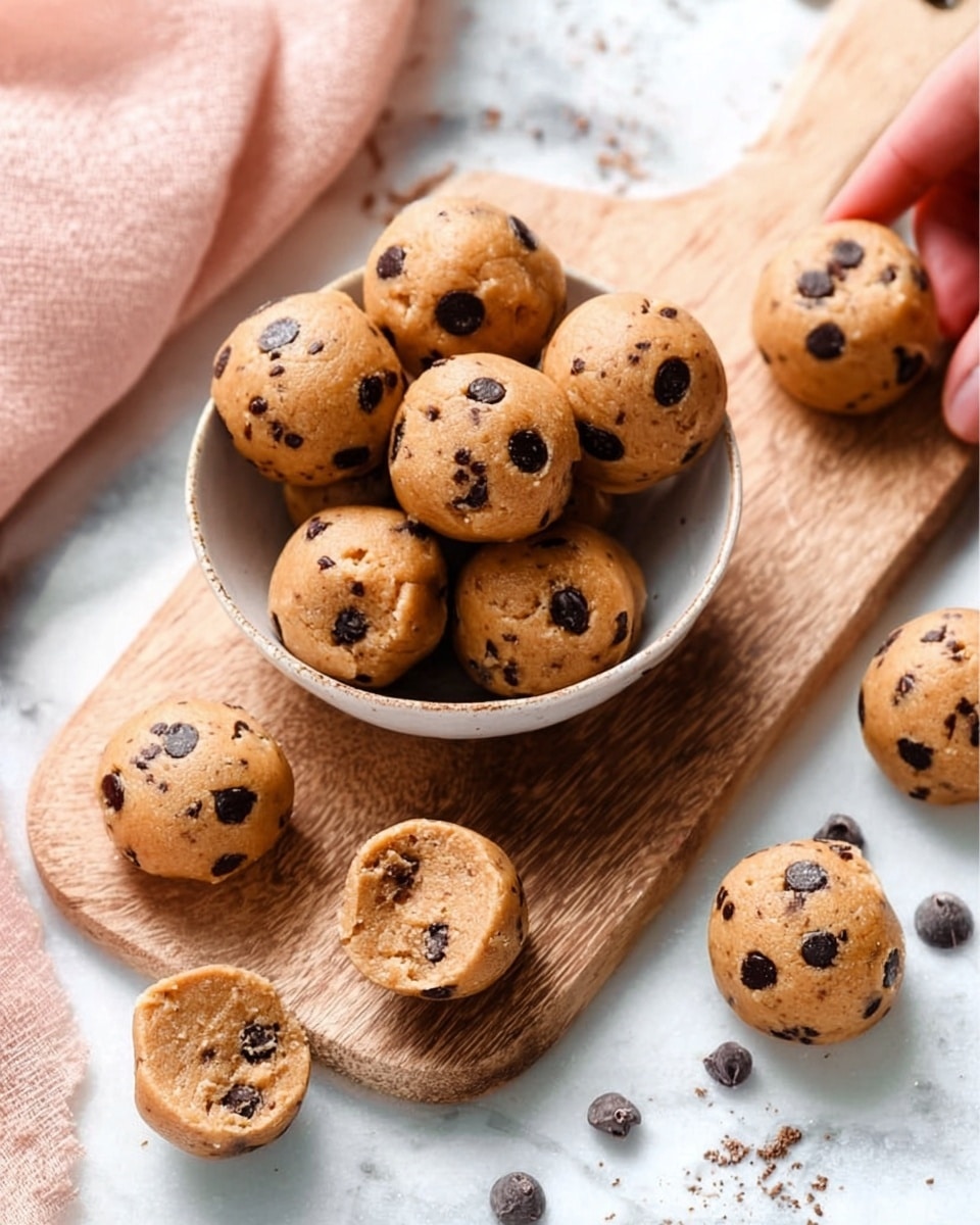 The image shows a close-up of several round cookie dough balls piled on a round wooden board, each ball containing dark chocolate chips scattered throughout the golden brown dough. Some dough balls are topped with a few light-colored oats, while one ball on the side is lightly covered with white shredded coconut, contrasting with the smooth texture of the others. The background features small bowls with more chocolate chips and honey, all placed on a white marbled surface, creating a clean and fresh setting. photo taken with an iphone --ar 4:5 --v 7