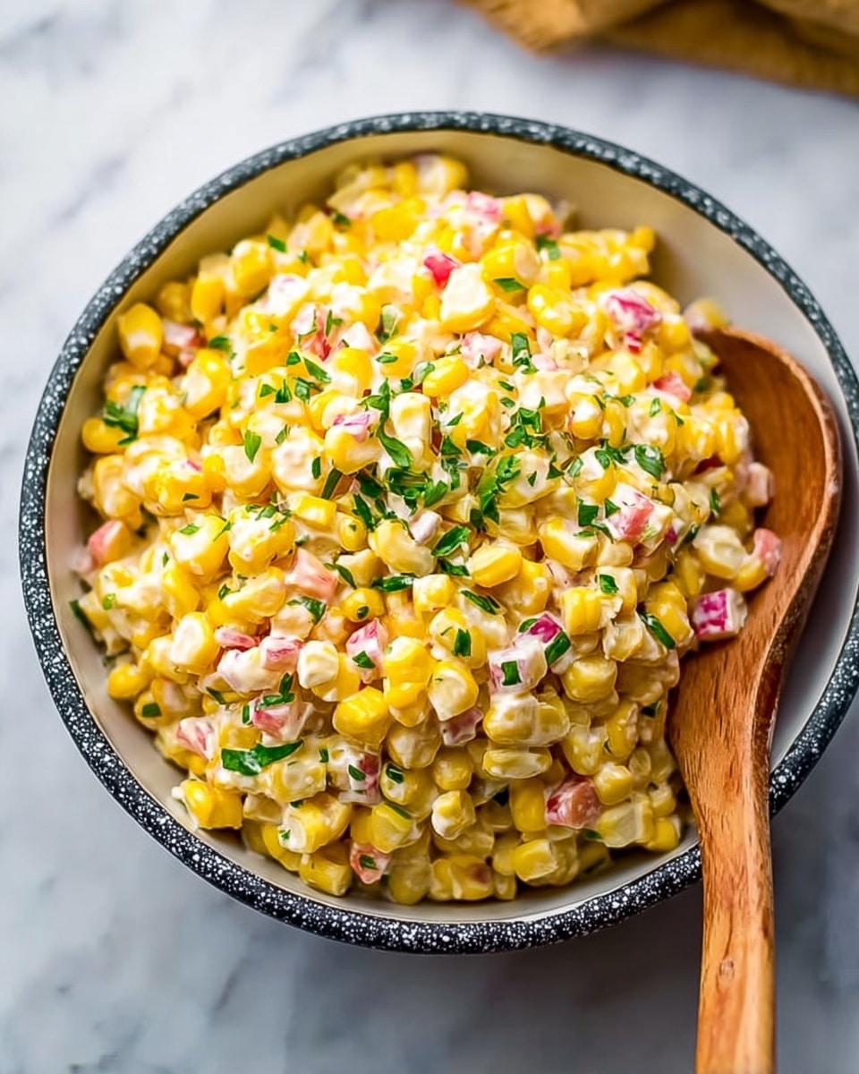 A white bowl filled with a colorful corn salad sits on a white marbled surface. The salad has one main layer of bright yellow corn kernels mixed with small pieces of light brown bacon, and sprinkled with fresh green herbs and chopped green onions. The corn looks juicy and fresh, with a slight shine. Around the bowl, you can see a red and white checkered cloth, a garlic bulb, and a wooden spoon, all adding a cozy feel to the image. Photo taken with an iphone --ar 4:5 --v 7