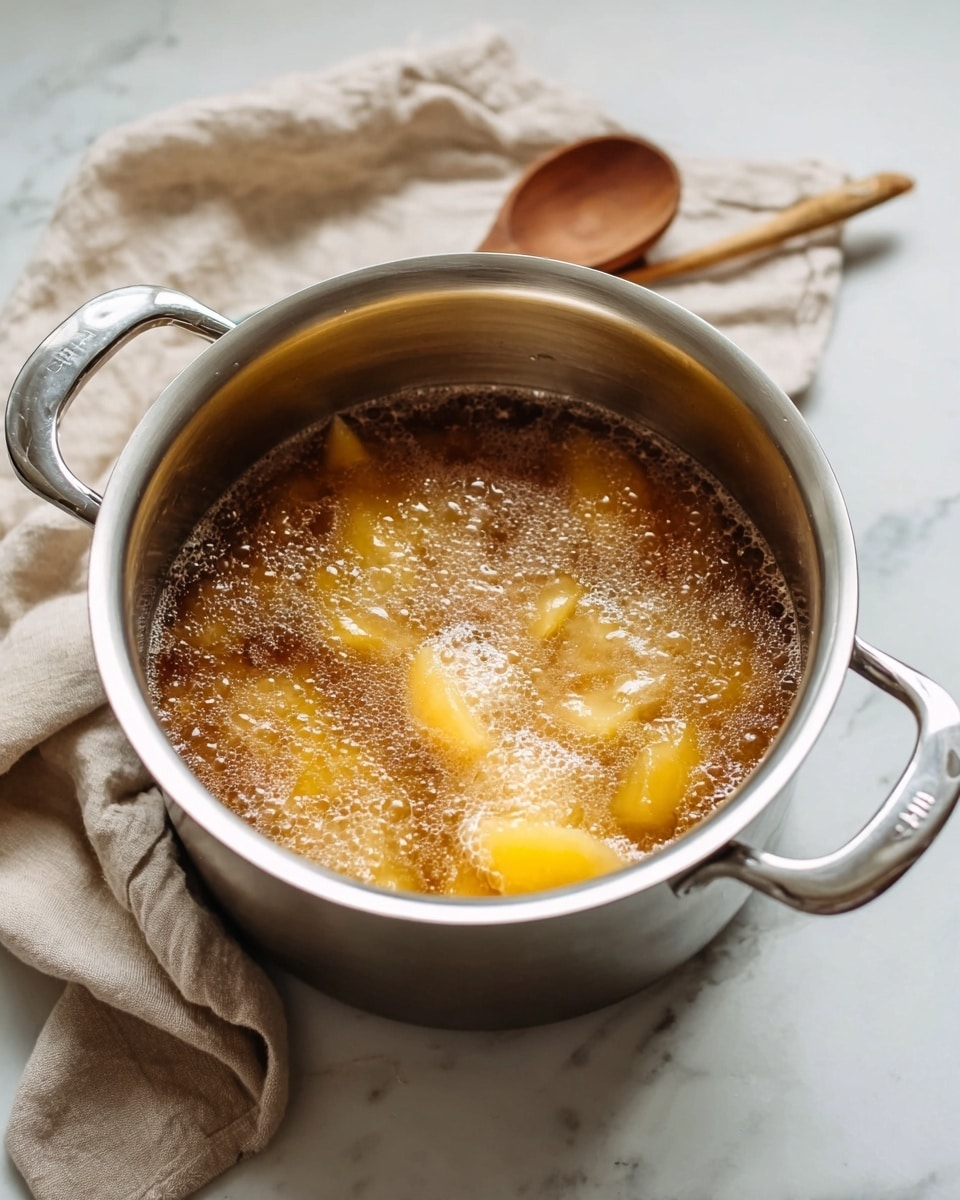A metal pot with two handles sits on a white marbled surface, filled halfway with a bubbling, light brown liquid. Inside the liquid are several pieces of yellowish fruit or vegetables, partially submerged and rising slightly above the surface. In the background, a beige cloth is loosely folded with a wooden spoon resting on top of it, creating a soft contrast with the shiny metal pot. The scene has a simple, clean look with warm natural light. photo taken with an iphone --ar 4:5 --v 7