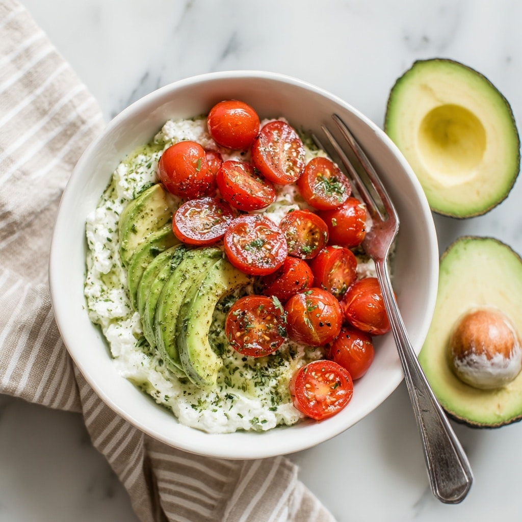 A white bowl filled with a mix of fresh sliced cucumbers and halved cherry tomatoes on top of a creamy white cottage cheese base. The cucumbers show a bright green color with a smooth texture, and the cherry tomatoes are vibrant red and slightly glossy. A silver fork is dipped into the bowl on the right side. Next to the bowl, there is a halved avocado showing its light green flesh and seed cavity, placed on a white marbled surface. A beige and white striped cloth is partially visible under the bowl. Photo taken with an iphone --ar 4:5 --v 7
