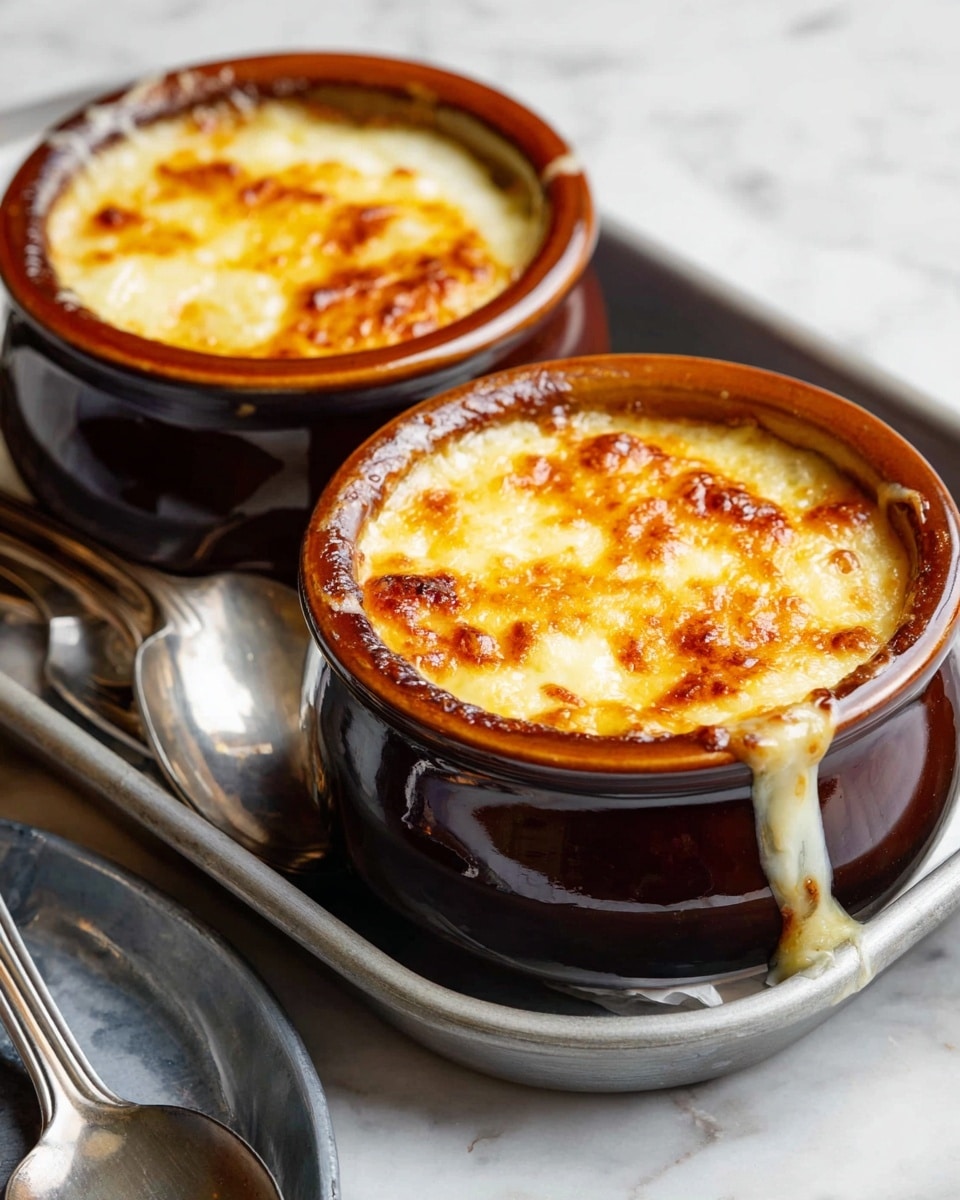 A white bowl holds a creamy baked dish with one visible layer of melted, golden-brown cheese on top. The cheese layer is bubbly and slightly browned in spots, with oily yellow spots on the surface. Inside the bowl, beneath the cheese, a thick, smooth white sauce reveals soft chunks of food. A silver spoon is lifting some of the creamy mixture, showing its rich, soft texture. The bowl sits on a white marbled surface with a large green pepper blurred in the background. Photo taken with an iphone --ar 4:5 --v 7