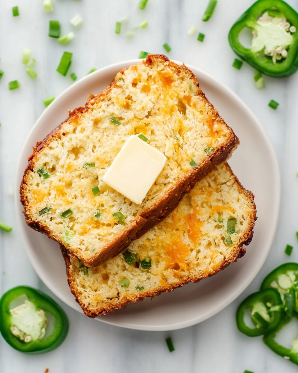 A rectangular loaf of golden-brown jalapeño cheese bread with a slightly rough and crispy top layer is centered on a white marbled surface. The top layer has an uneven texture with melted cheese patches and five thin green jalapeño slices placed in a row across the middle. At the bottom of the loaf, two thick slices reveal a soft, light yellow interior mixed with bits of melted cheese and small green jalapeño pieces. Around the loaf and slices, whole and sliced jalapeños and small green chive pieces are scattered. A white bowl filled with shredded bright orange cheddar cheese is placed near the top right, along with part of a white plate with a butter knife. photo taken with an iphone --ar 4:5 --v 7