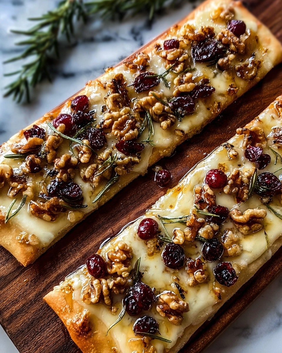 A rectangular pizza with a thick, golden-brown crust forms the base. The surface is covered with melted white cheese in smooth, creamy patches scattered around. Over this, there are clusters of dark red dried cranberries and whole walnut pieces with a rich brown, craggy texture spread evenly. Small sprigs of green herbs, likely thyme, run diagonally across the pizza adding a fresh element. The pizza rests on a wooden board, and the background is replaced with a white marbled texture. photo taken with an iphone --ar 4:5 --v 7