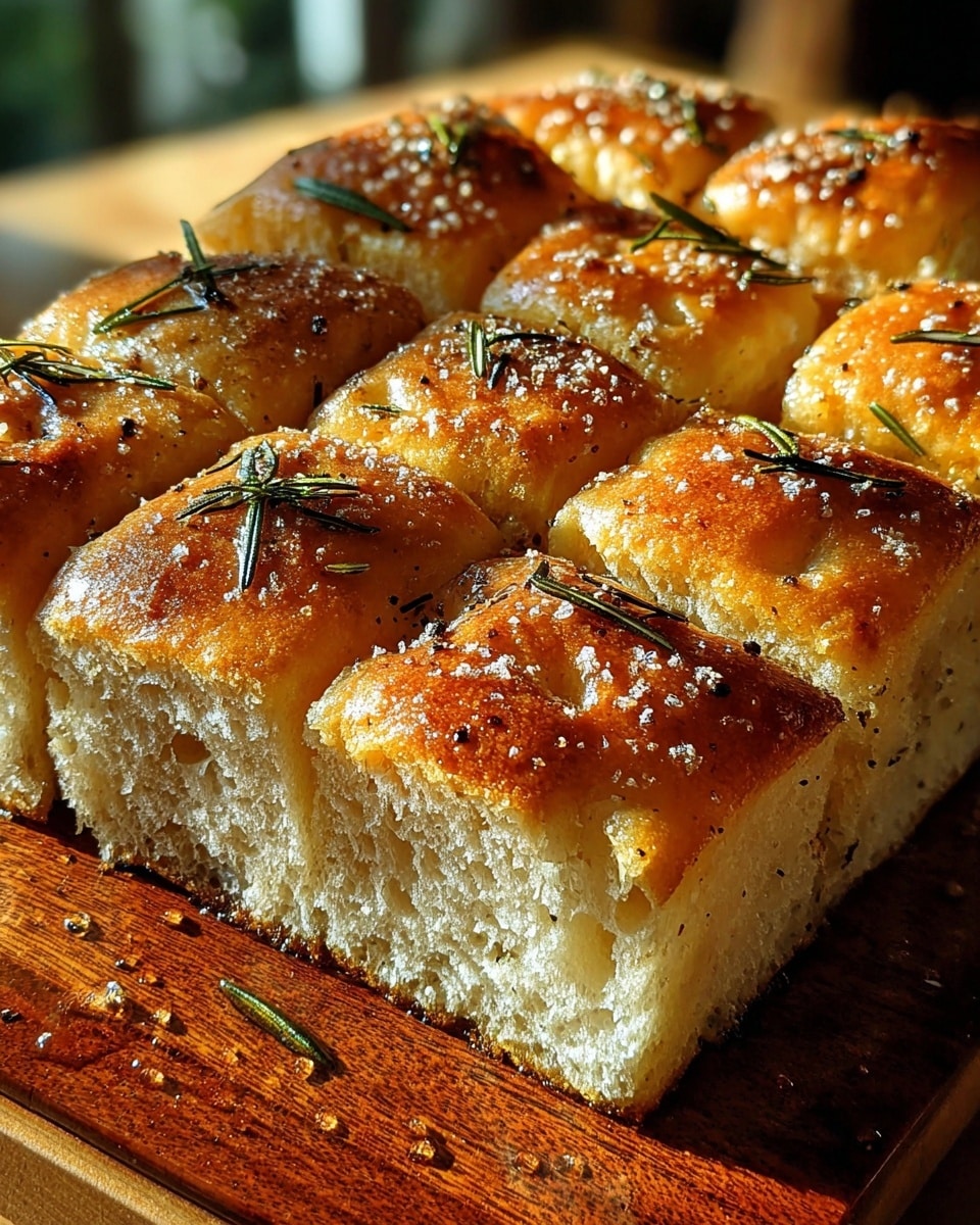 A golden brown baked bread loaf with deep diagonal cuts on the top, each cut showing the soft, airy inside texture. The shiny crust is sprinkled with white coarse sea salt and small green rosemary leaves, which add a fresh touch. The bread is placed on a long wooden board with visible grain texture, and the background has a cozy warm light coming from the side. The bread looks soft yet crisp from the outside, with a light buttery glaze giving it a slight shine. Photo taken with an iphone --ar 4:5 --v 7