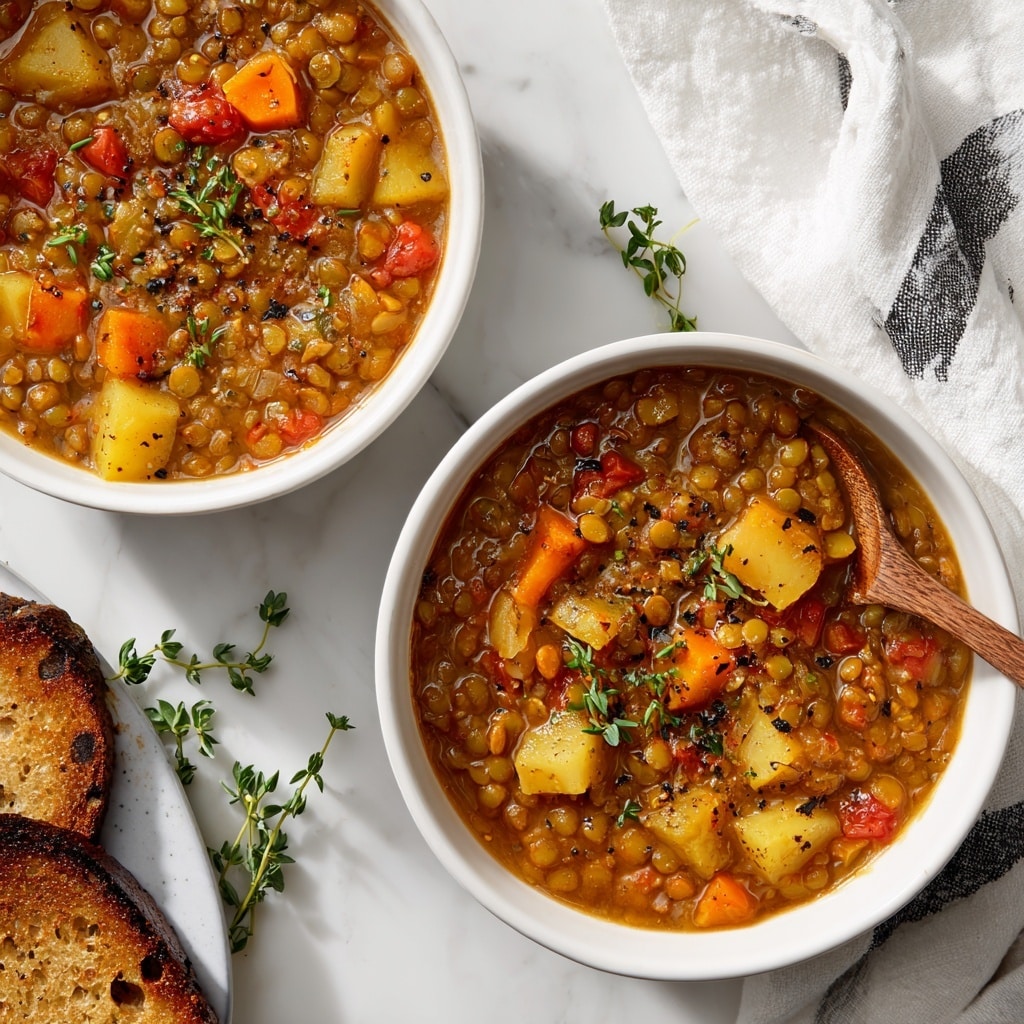 A white bowl filled with a thick lentil stew, showing a mix of soft, round lentils in light brown and green shades, surrounded by diced orange carrots, light yellow potato pieces, and small chunks of red tomatoes all in a rich, orange-brown broth. The top layer of the stew is sprinkled with black pepper and small green thyme leaves. A wooden spoon rests inside the bowl on the right side, with steam rising above the stew, suggesting it's hot. The bowl sits on a white marbled surface with a white cloth nearby, accented with black stripes. In the bottom left corner, part of a white plate with toasted bread spreads butter, and fresh green thyme sprigs are scattered around. Photo taken with an iphone --ar 4:5 --v 7