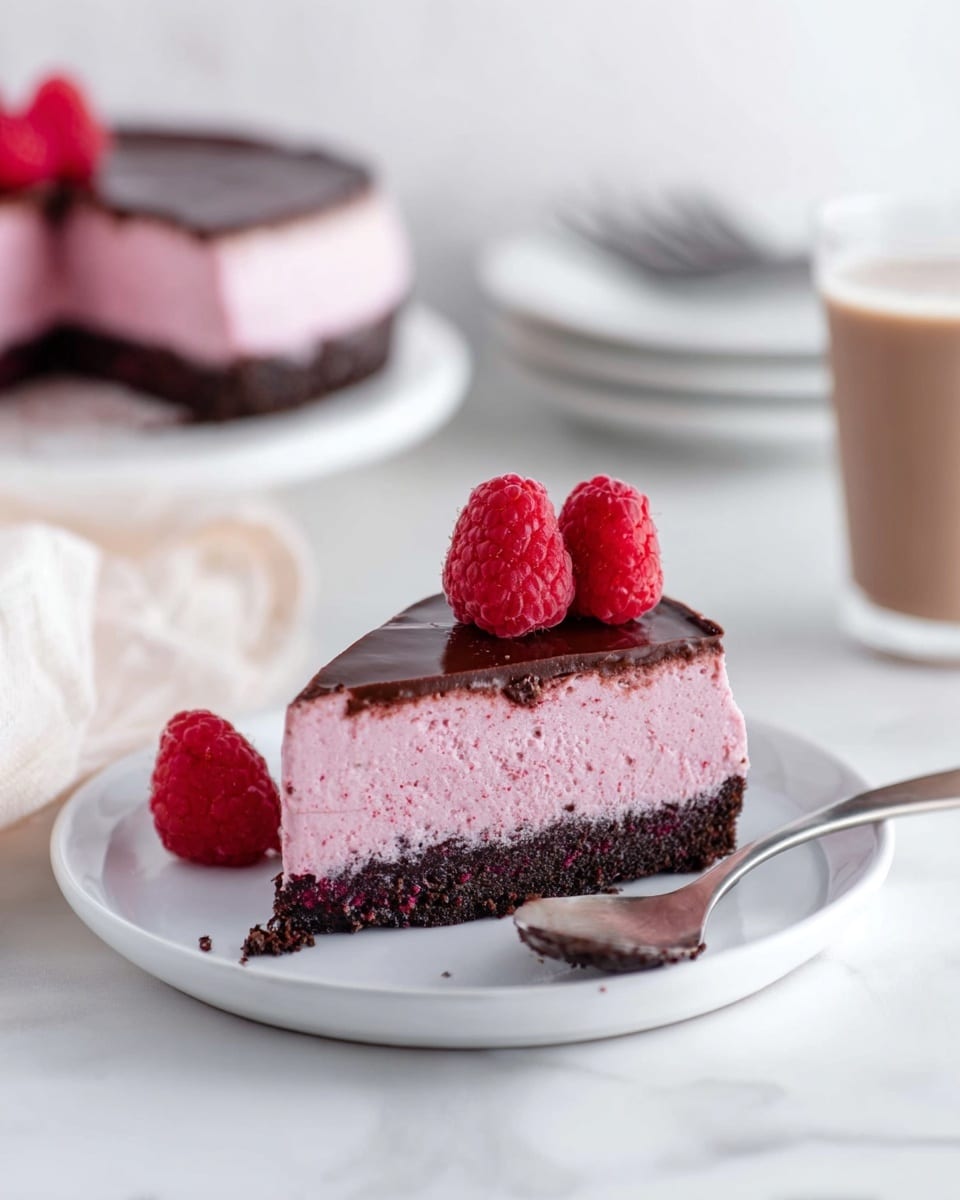 A slice of pink raspberry cheesecake with three bright red raspberries on top and one raspberry on the side sits on a white plate. The cheesecake has three layers: a dark crumbly crust at the bottom, a thick creamy pink raspberry filling in the middle, and a smooth shiny dark chocolate layer on top. A spoon with a bite of the cheesecake is placed in front of the slice, resting on the plate with a white marbled texture beneath. In the background, there is more cheesecake with a raspberry on top, a glass of chocolate milk, and a white plate stacked with utensils. photo taken with an iphone --ar 4:5 --v 7