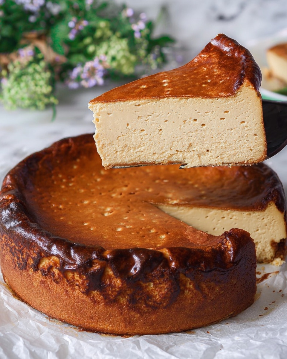 A slice of creamy beige cheesecake with a smooth texture and a golden brown top is placed in the center of a white plate. A thick, glossy dark red berry sauce flows from the top of the cheesecake down the sides, pooling on the plate below. On top of the sauce and next to the cheesecake are two plump, dark blackberries adding a fresh, natural touch. A gold spoon holding a bite of the cheesecake with some sauce rests on the side of the plate. The setting is on a white marbled surface with a soft focus background featuring hints of small flowers. Photo taken with an iphone --ar 4:5 --v 7