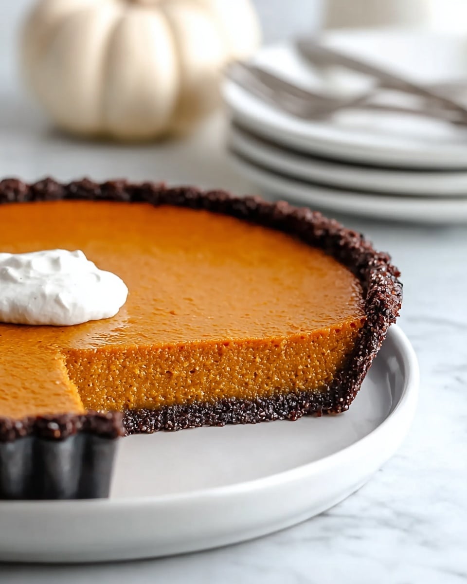 A smooth pumpkin pie sits on a white plate, showing one main layer of bright orange pumpkin filling with a slightly shiny, even surface. The crust is dark brown, textured, and thick with a deeply ridged edge that wraps neatly around the pie. The background features a soft white marbled texture, with a stack of white plates and forks blurred in the back along with a white pumpkin for decoration. photo taken with an iphone --ar 4:5 --v 7