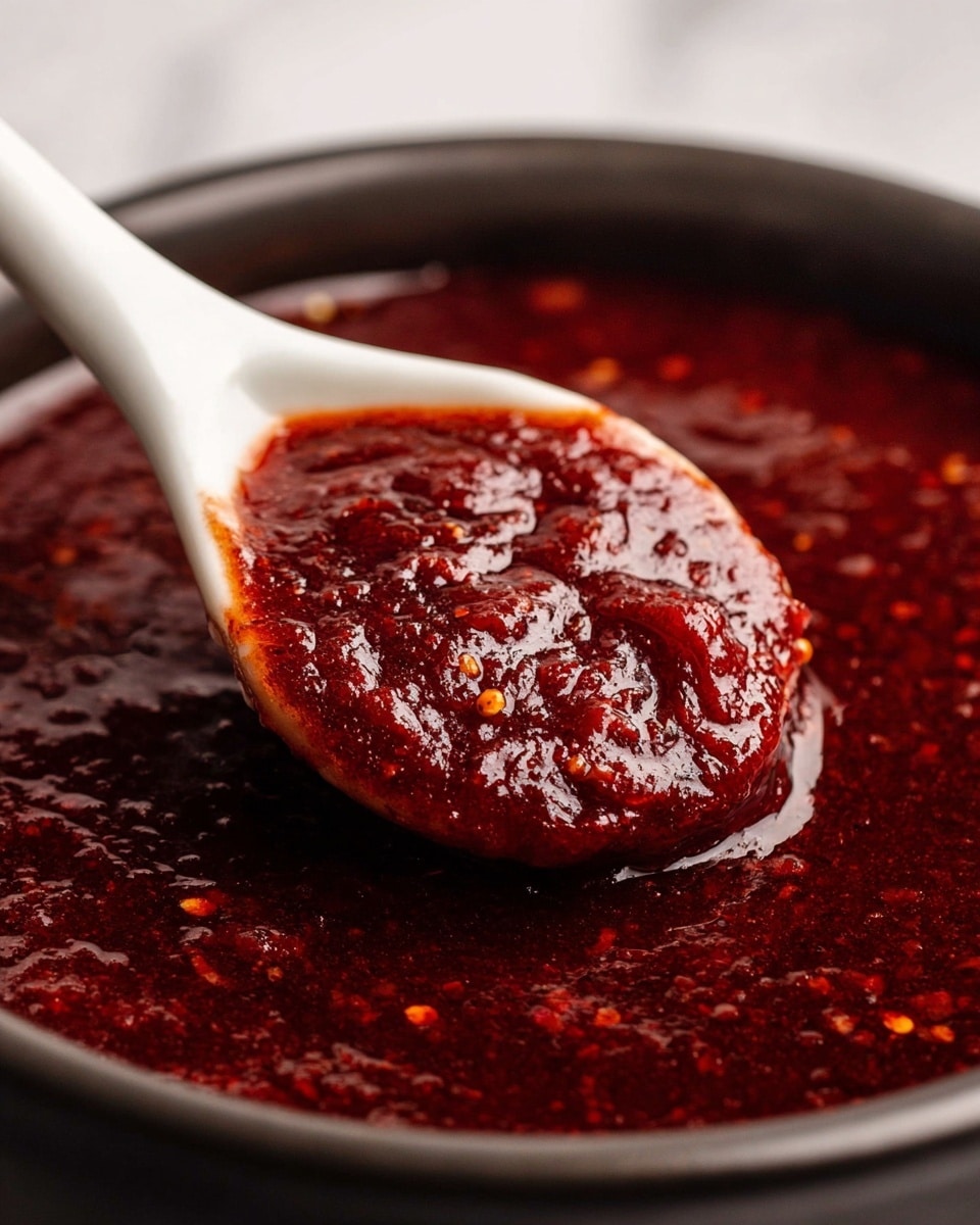 The image shows a small white bowl filled with dark red jam that has a thick, chunky texture. A wooden spoon rests inside the bowl, covered in the same jam. Behind the bowl are two glass jars of jam wrapped with red and white twisted strings around their tops. The bowl and jars sit on a wooden board that contrasts with a white marbled surface underneath. Around the board are two cinnamon sticks, small frosted pine cones, green pine tree branches, and a white cloth with red stitching along the edges. photo taken with an iphone --ar 4:5 --v 7