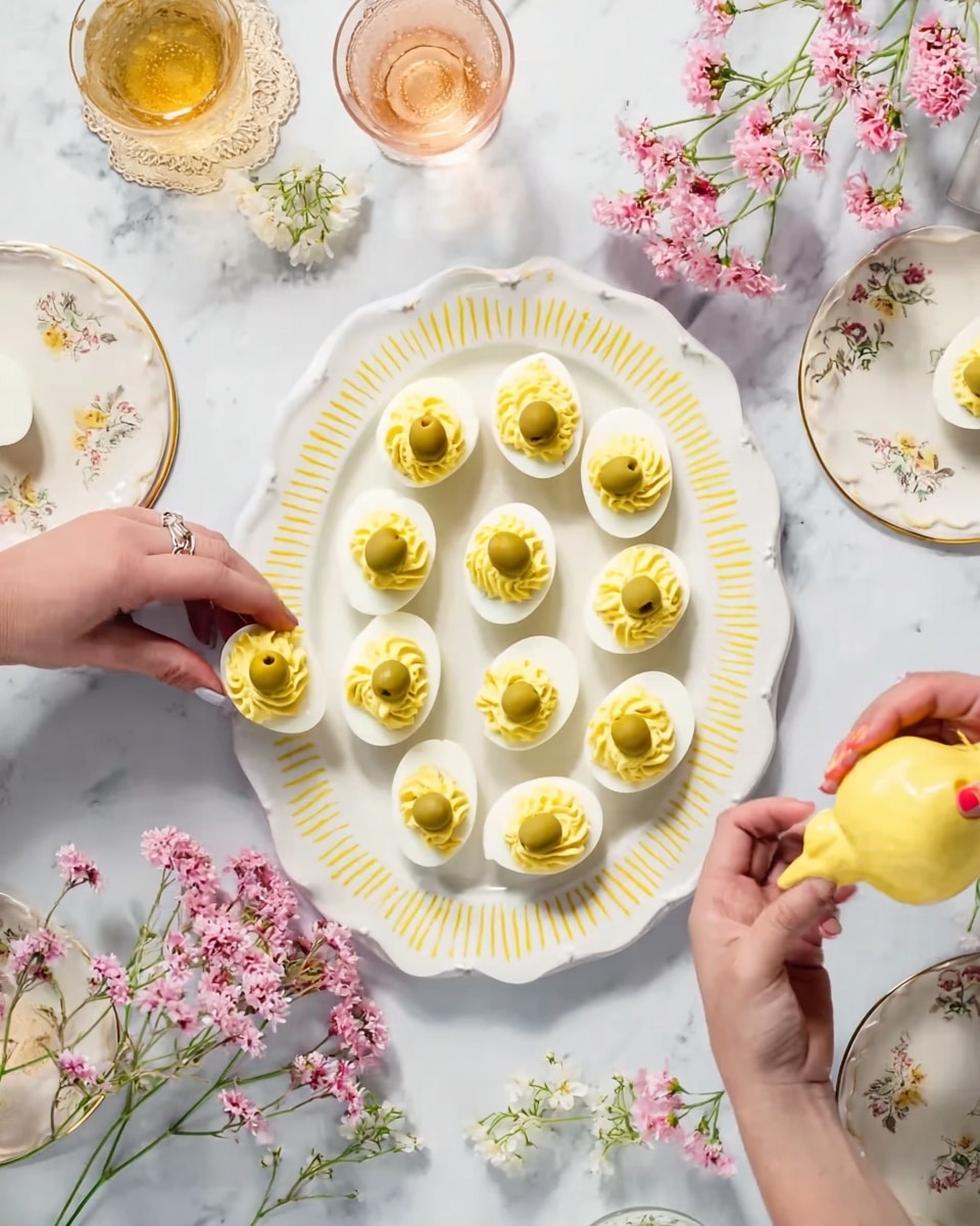 The image shows several deviled eggs arranged closely on a white marbled surface. Each egg is halved, with a smooth white base layer supporting a thick, creamy yellow filling piped in a swirl pattern. On top of each swirl, there is a large green olive skewered with a toothpick, some with a small green leaf attached to the toothpick’s end. The eggs are sprinkled with small bits of black pepper that add a touch of texture and contrast to the smooth surfaces. The overall look is fresh, clean, and colorful with a mix of white, yellow, and green tones. photo taken with an iphone --ar 4:5 --v 7