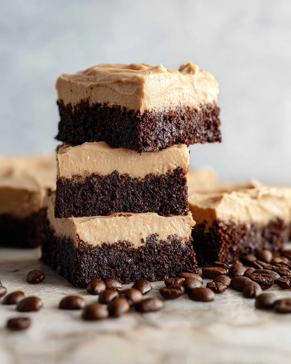 The image shows a white plate filled with square brownies neatly arranged in two layers. The bottom layer is a rich, dark brown chocolate brownie with a moist and slightly crumbly texture. The top layer is a thick, smooth, light brown frosting spread evenly across each brownie, giving a creamy look. The plate is placed on a white marbled textured surface, which adds a clean and simple background to highlight the brownies. Photo taken with an iphone --ar 4:5 --v 7