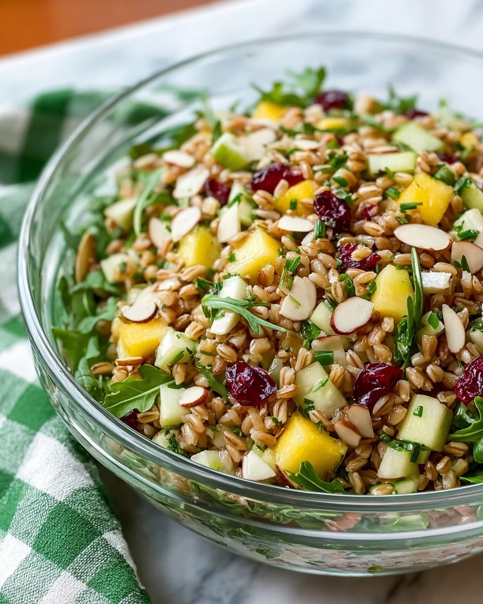 A close-up view of a spoonful of a colorful grain salad, showing several layers and textures: the base is light brown cooked grains with a soft, slightly glossy texture; mixed in are small, bright yellow cubes of apple with a smooth surface; scattered around are soft white crumbles of cheese; deep red dried cranberries add a chewy contrast; and fresh green spinach leaves peek through, giving a leafy texture. The background is a blurred bowl of more salad on a white marbled surface. photo taken with an iphone --ar 4:5 --v 7