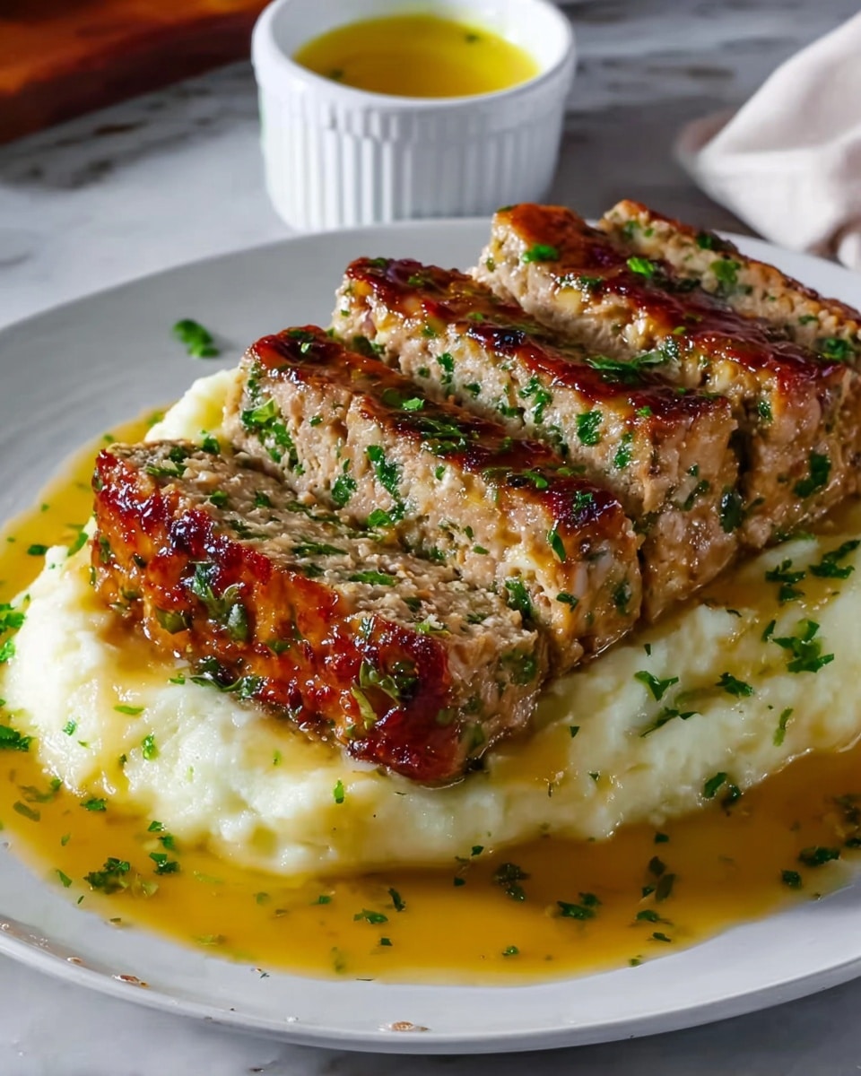 A close-up view shows three thick slices of glazed meatloaf stacked slightly leaning on each other on a white plate, each slice covered with a shiny, golden-brown crust speckled with finely chopped green herbs. Underneath the meatloaf, towards the back of the plate, there is a layer of mashed potatoes with a creamy, smooth texture mixed with small green flecks. The visible background is softly blurred with indoor warm lighting and some green plants, while a woman's hand holds the plate from below. The surface beneath the setting has a white marbled texture. Photo taken with an iphone --ar 4:5 --v 7