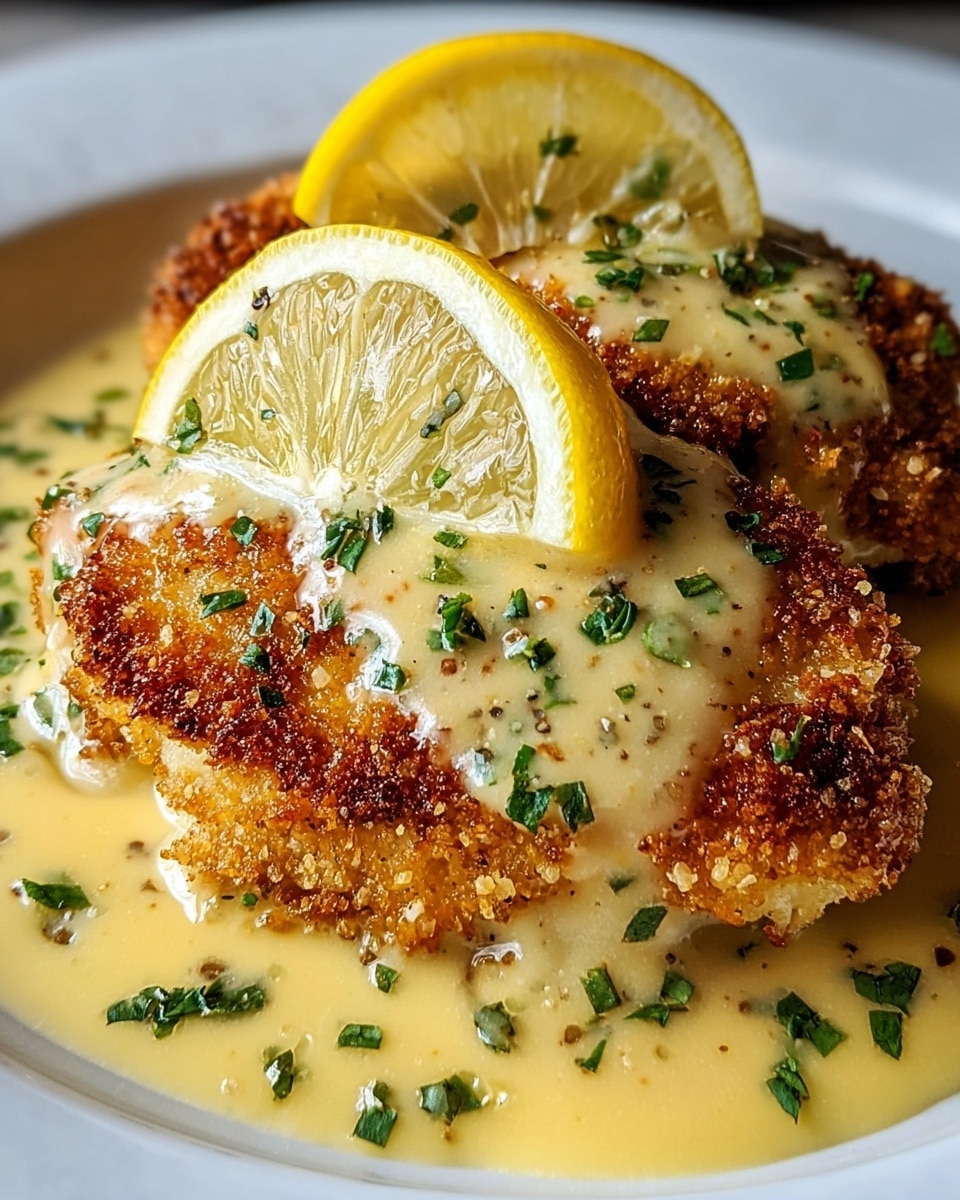 The dish shows three pieces of golden brown, crispy breaded chicken placed in a shallow white bowl, each topped with a light cream-colored lemon sauce that pools around the base. On top of each chicken piece is a thin yellow lemon slice with visible pulp and some fresh green herbs sprinkled across the dish for color contrast. The lemon sauce appears smooth and slightly thick, covering parts of the chicken, while the chicken crust has a rough, crunchy texture. The background is a white marbled surface. Photo taken with an iphone --ar 4:5 --v 7